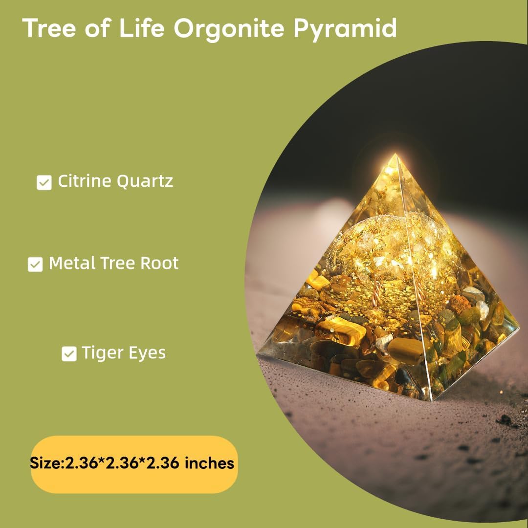 Tree of Life Orgone Pyramid Citrine with Tiger Eyes Positive Energy Healing Crystals Pyramid for Reduce Stress Chakra Reiki Meditation Attracts Lucky and Success