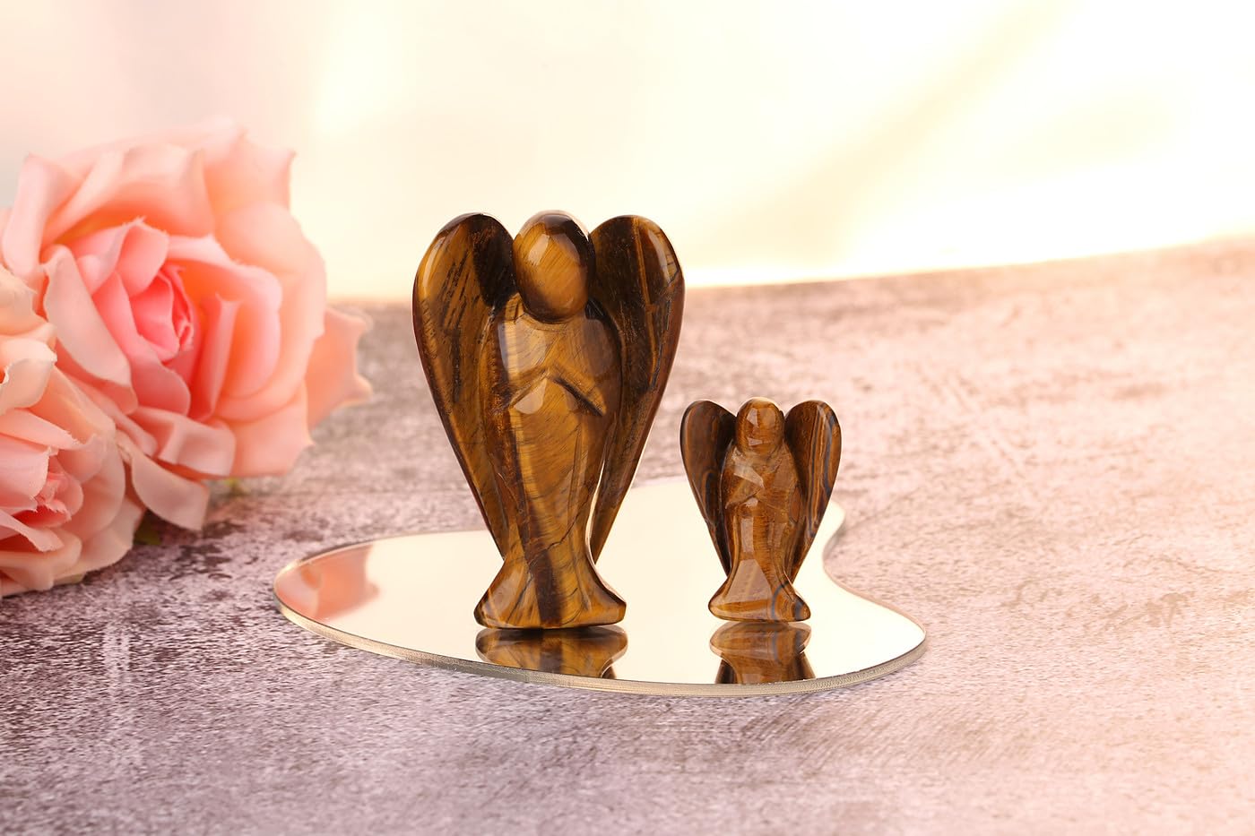 QINJIEJIE 3" Tiger Eye Crystals Angel Decor Healing Guardian Angel Desk Stone Figurine Big Gemstone Statue Home Office Energy Decorations Gifts for Women Men