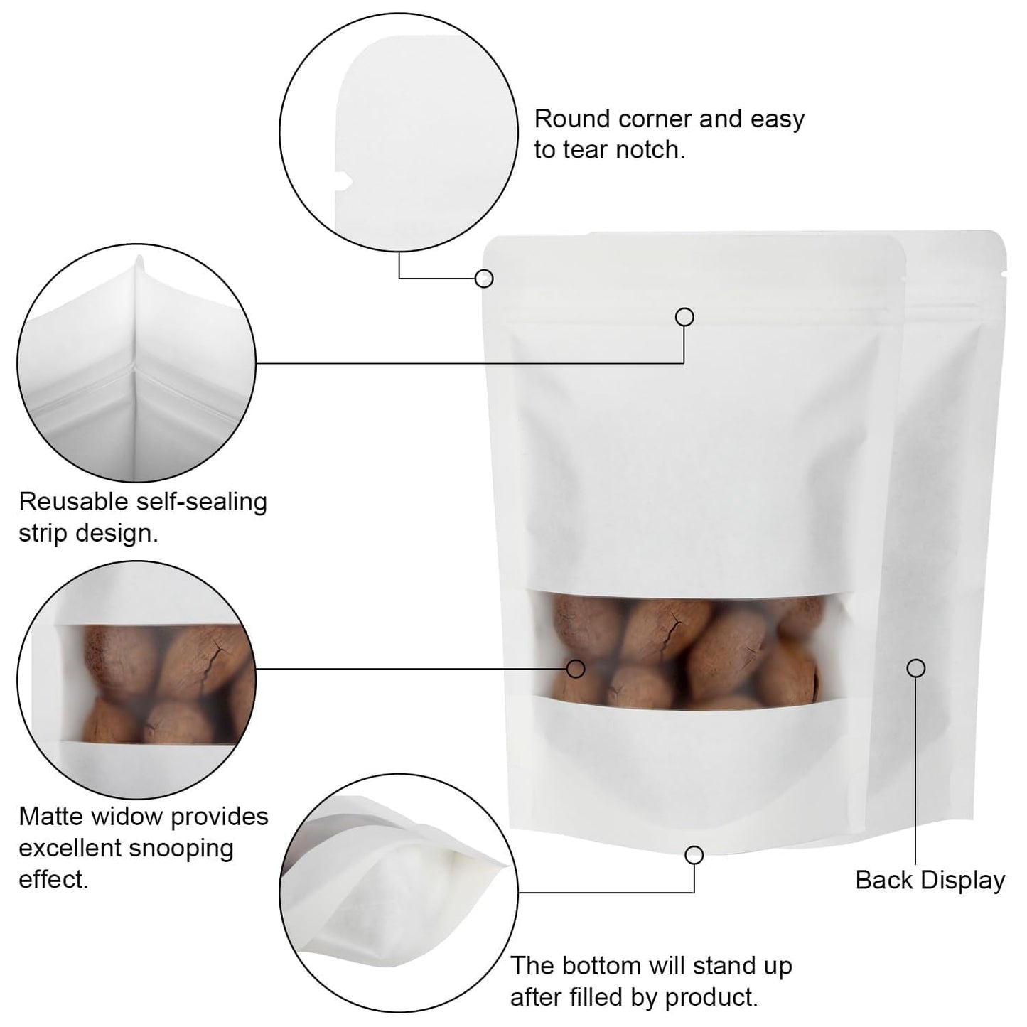 Blisstime 50 Pieces Resealable Bags for Small Business, White Kraft Paper Stand Up Pouches with Matte Window Reusable Heat Sealable Bags for Packaging (7.9 X 11.8 Inches)