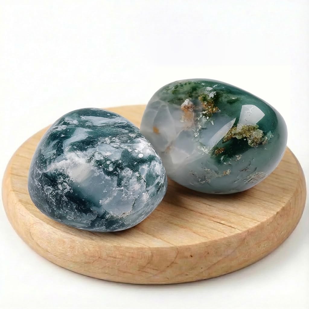 Super Large Polished Moss Agate Healing Crystal Stones - 2 Pcs of 1.2" Worry Stone for Anxiety, Pocket Palm Gemstones Handpicked Natural Tumbled Rocks for Meditation, Reiki, Chakra, Home Decor