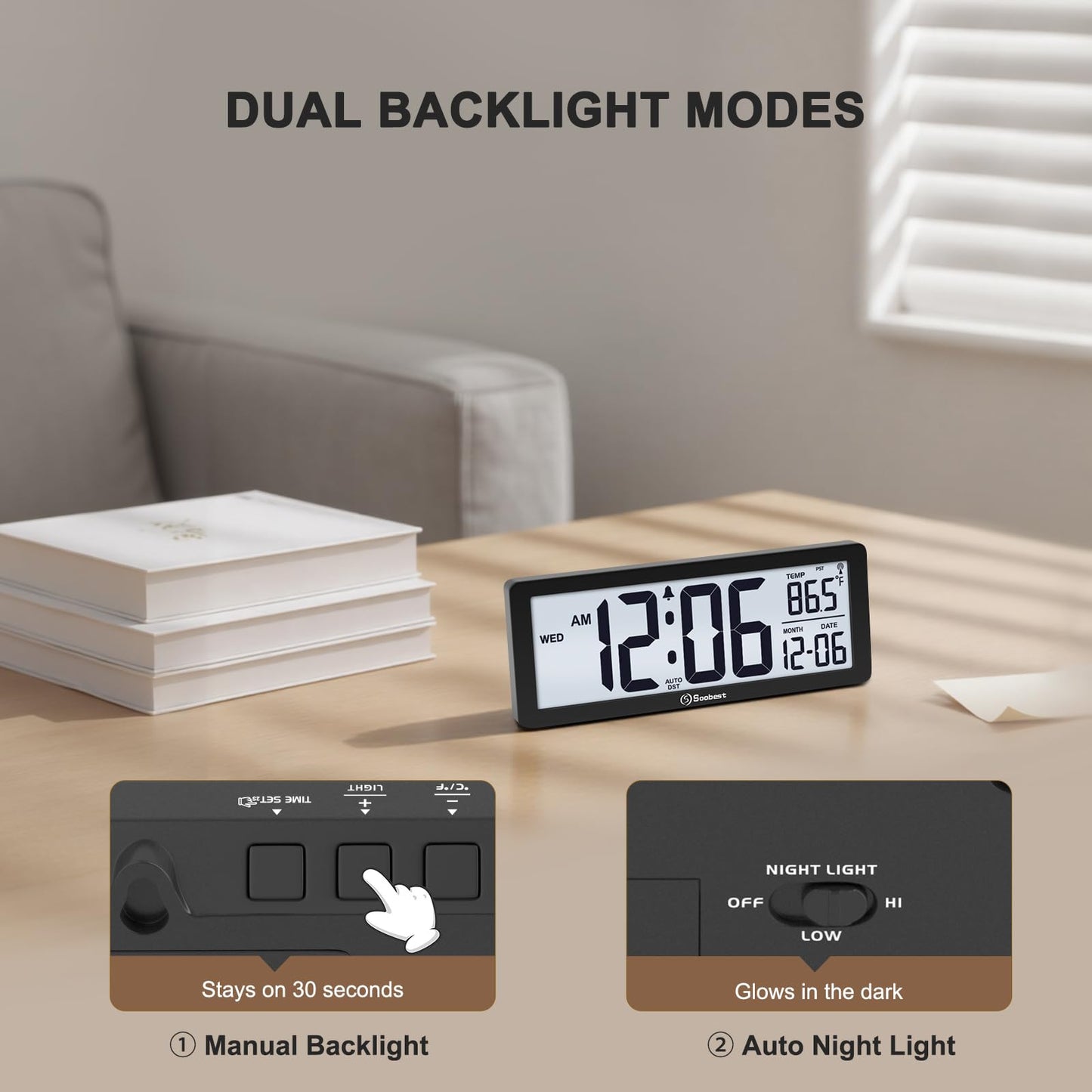 Soobest 8.5" Atomic Digital Wall Clock, Never Needs Setting, Auto Time Sync, Accurate & Easy to Use Clock with Backlight, Battery Operated, Temperature, Date, Auto DST, 4 Time Zones