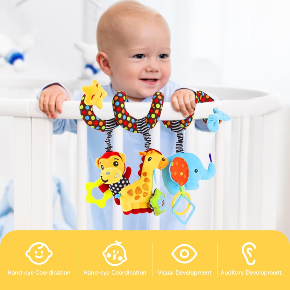 WILLWAY Car Seat Toys, Stroller Toy Baby Spiral Hanging Toys for Sensory Exploration, 0-12 Months Newborn Toys for Car Seat Stroller Crib Bassinet Mobile with Music Box BB Squeaker Rattles