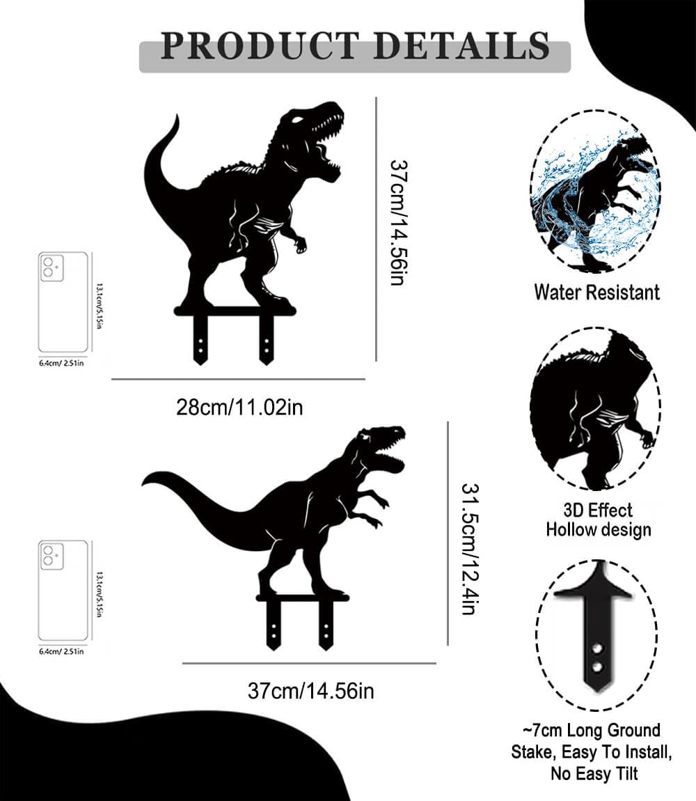 Large 14.56" Metal Garden Decor, 2 Pack Weather-Proof Dinosaur Statue, Dino Silhouette Garden Sculptures & Statues Stakes for Outdoor Lawn, Patio, Flower Beds, Ideal Gardening & Country Gifts
