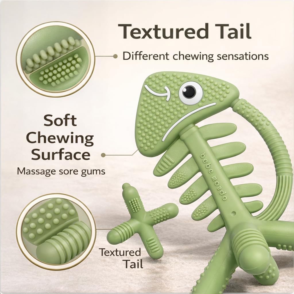 3 in 1 Infant Toys, Baby Teething Toys 3–6 6–12 Months, Teethers for Babies 0–3–6–12 Months for Teething Relief, Baby Gift, Baby Teether Toys, Silicone Sensory Toys, USA Patent Pending, Fish (Olive)