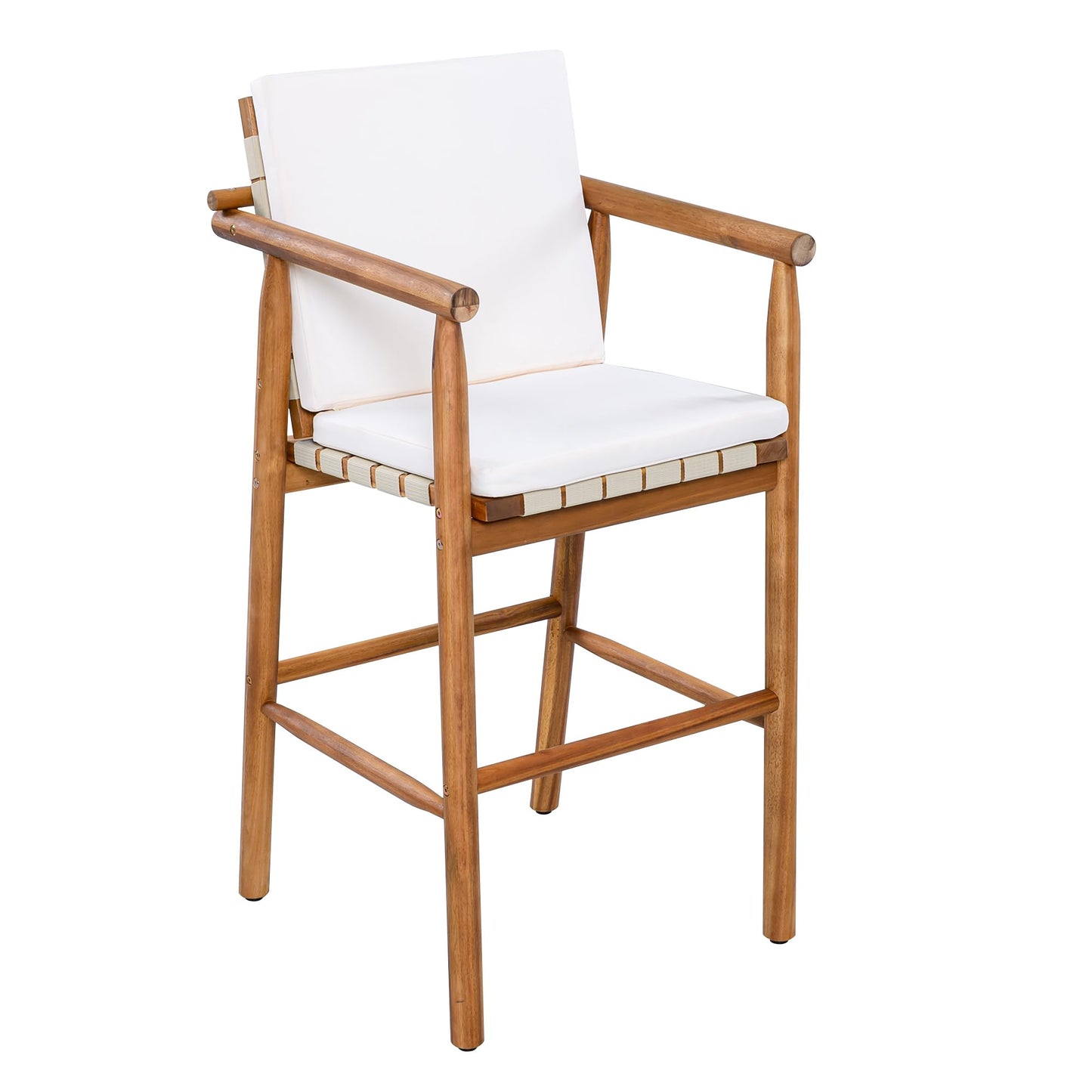 Trygoal Outdoor Bar Stool Set of 2, Patio Bar Chairs with High Back & Arms, Acacia Wood with Breathable Woven Seat, Adjustable Anti-Wobble Feet, for Garden/Deck/Pool, Beige Cushions Included
