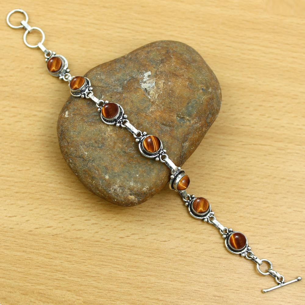 Natural Tiger Eye 925 Silver Plated Round Gemstone Adjustable Bracelet for Women - November Birthstone Bohemian Vintage Style Handmade Jewelry Bracelet - Gift for Her
