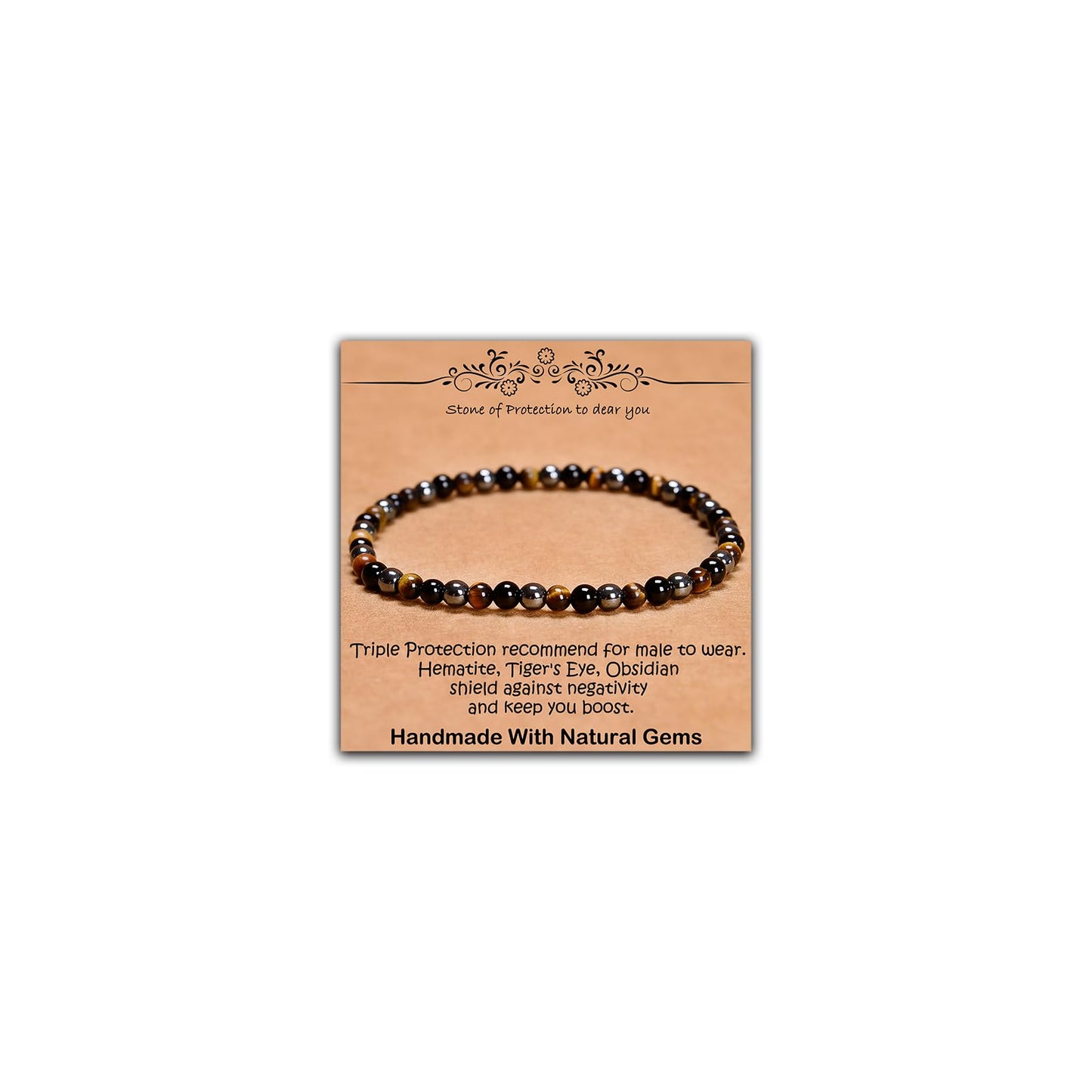 CHCCOYE 4mm Natural Healing Gemstone Bracelet Handmade Yoga Stretch Elastic Bracelet Stress Relief Crystal Jewelry for Men and Women (4mm,Triple Protection)