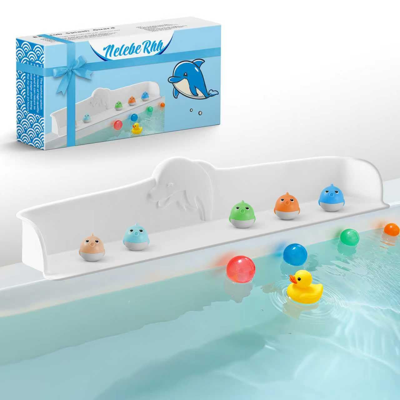 3FT Dolphin Pattern Bathtub Splash Guard Play Shelf for the Wide &Straight Bathtub Edge Toy Tray Caddy Holder Storage Suction Cups Attach to Bath Tub No Mess Water Spill in Bathroom (White)