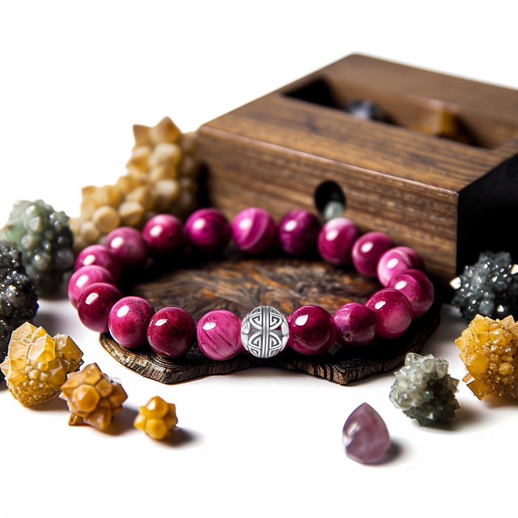 MetJakt Healing Crystals Beaded Bracelets for Womens Natural Gemstone 8mm Beads Stretch Bracelets with 925 Sterling Silver Double Happiness Pendant (Red Tiger Eye)
