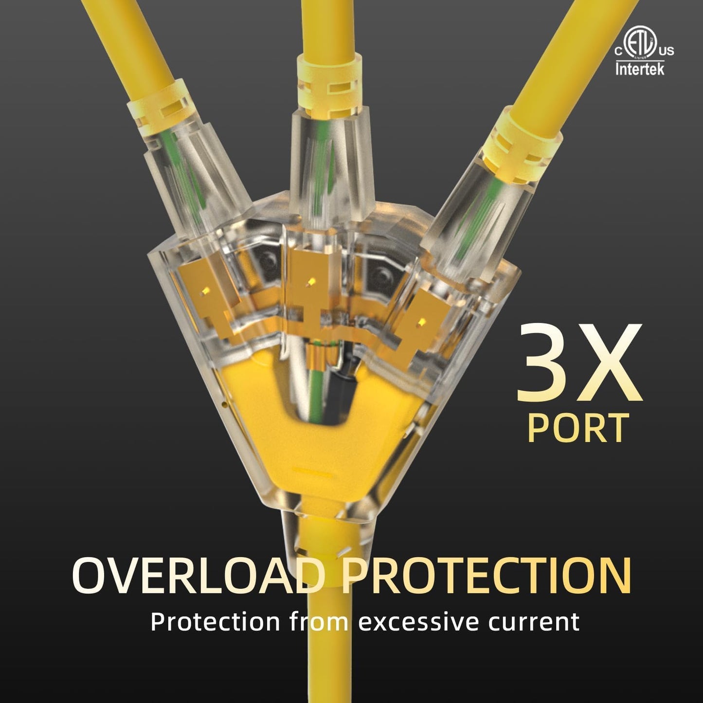 3FT 12 Gauge Heavy Duty Outdoor Extension Cord Waterproof with 3 Outlets & Lighted End, STW 15A 1875W 3-Prong Yellow Flexible Power Cord for Indoor Outside Decorations Garage, Garden, ETL