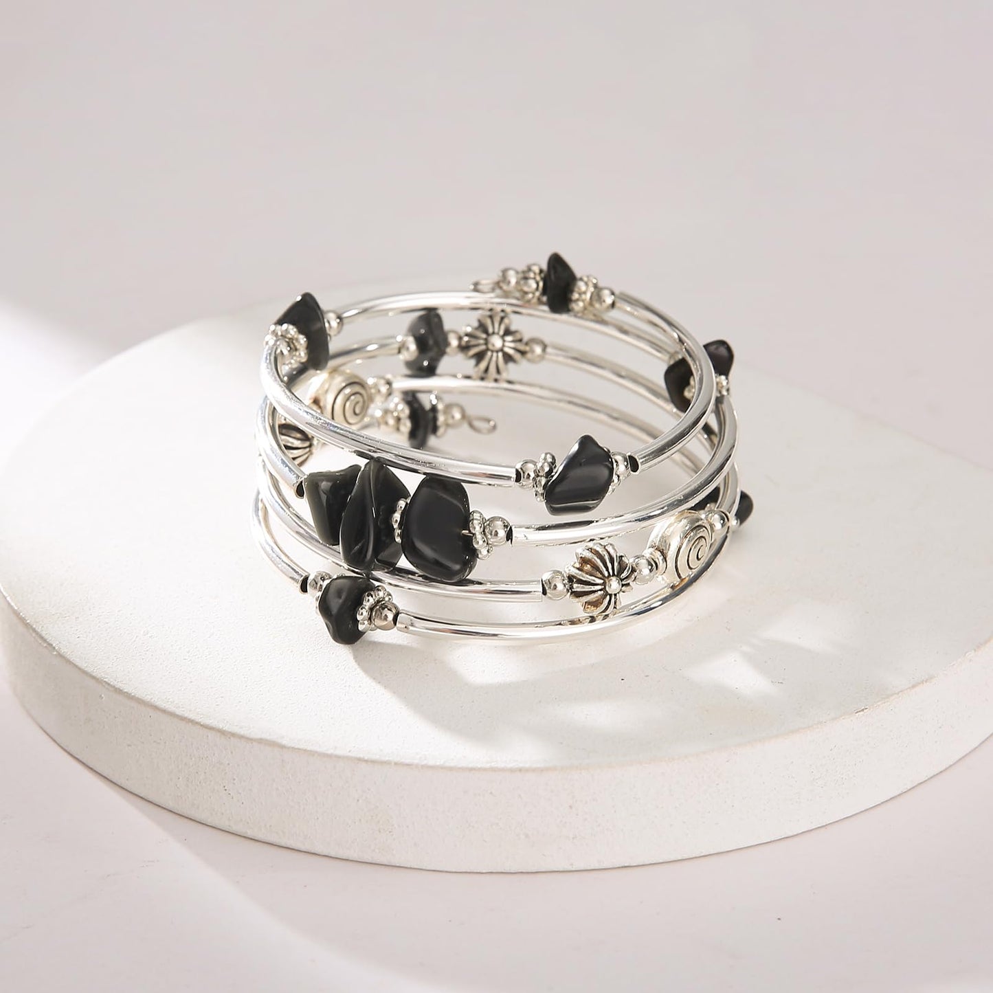 FULU AUTUMN Stone Silver Bangle Wrap Bracelet Boho Turquoise Crystal Chips Bead Bracelets Fashion Jewelry Birthday Gifts for Women(19-Black)
