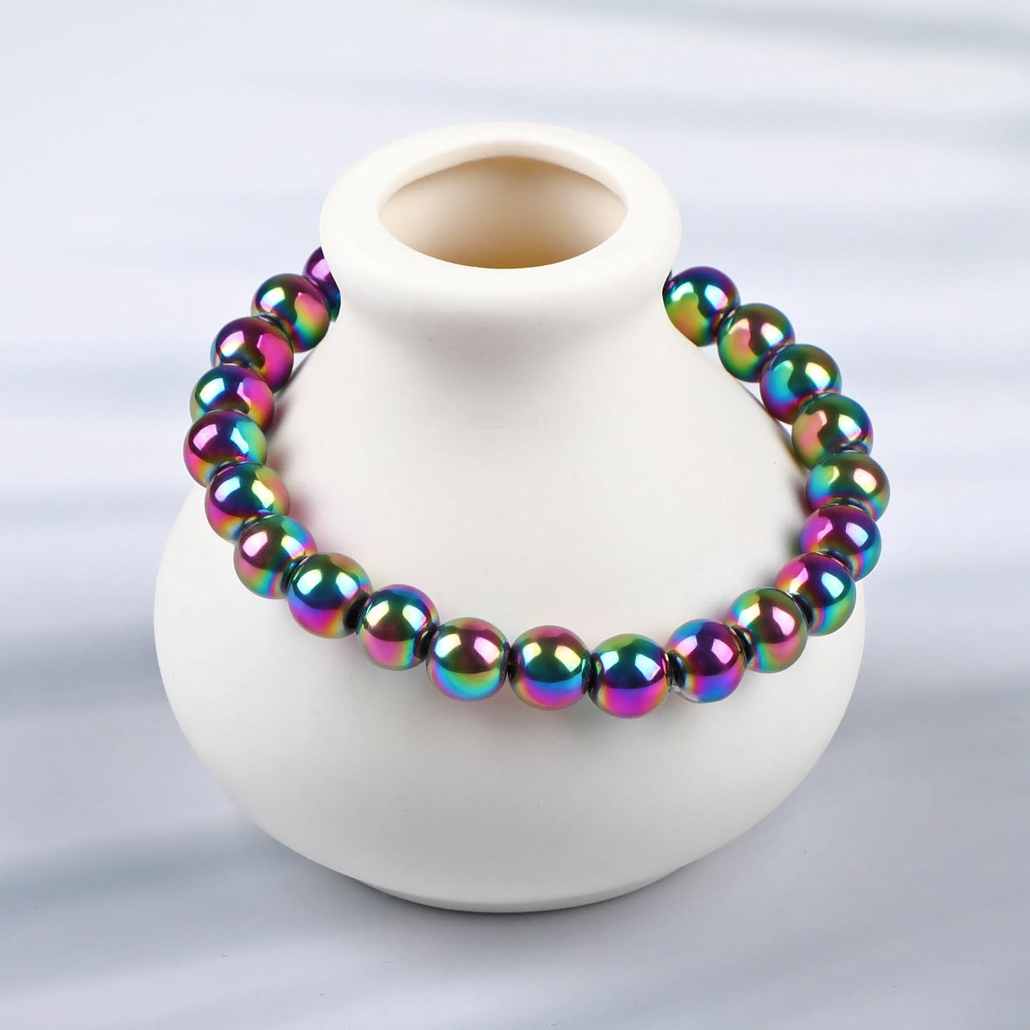 LPBeads Handmade Natural Gemstone Stretch Elastic 8mm Rainbow Coated Hematite Bracelet Healing Crystal Round Stone Beads Jewelry Gifts for Women Men