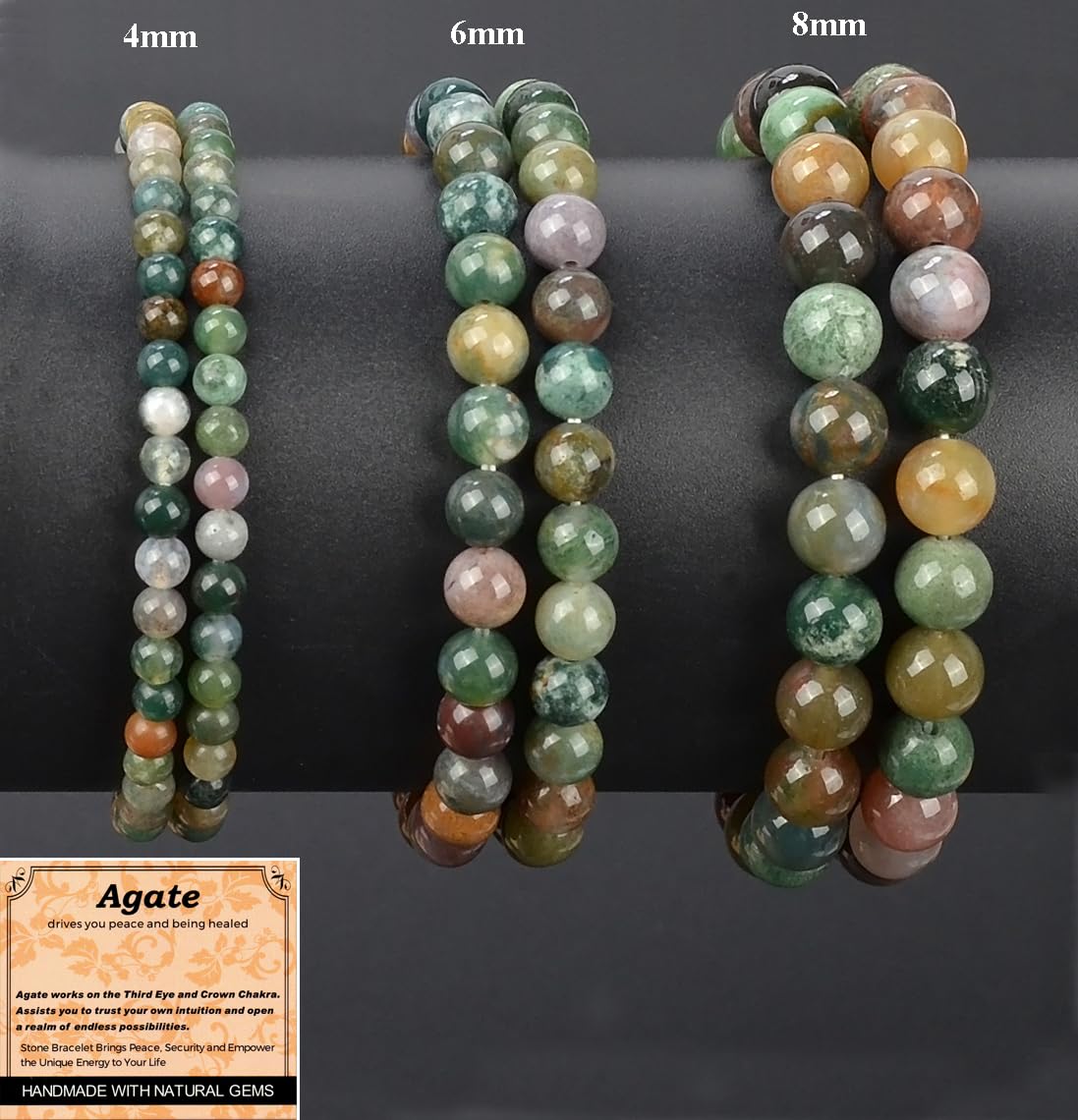 MASSIVE BEADS Indian Agate - Stone of Peaceful - Handmade Yoga Stretch Elastic Bracelet Natural Stone Crystal Healing Power Energy Gifts for Unisex Adult 6mm