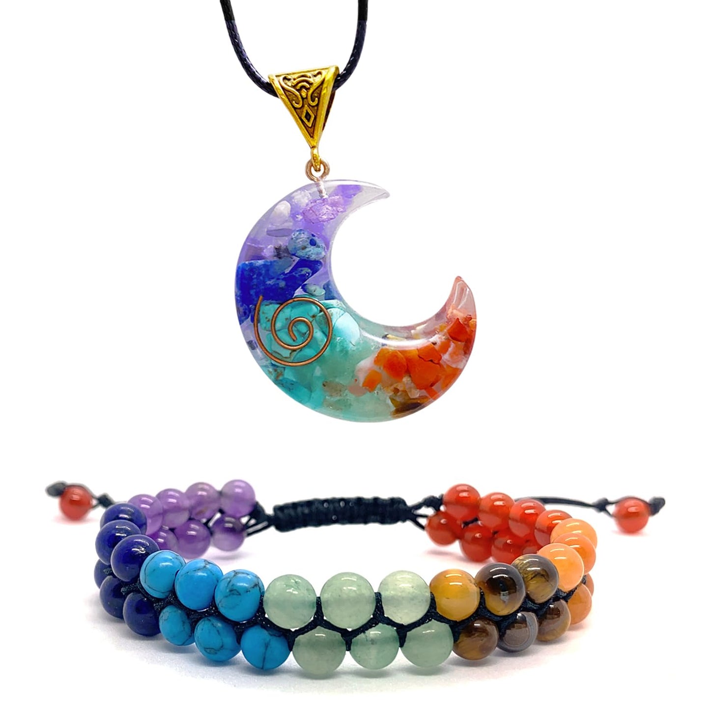 Chakra Bracelets and Necklace Set, Healing Crystal Beaded Bracelet and Orgone Necklace for Protection Spiritual Meditation Stress Relief, 7 Chakra Jewelry Real Stones for Men and Women Beginners Gift