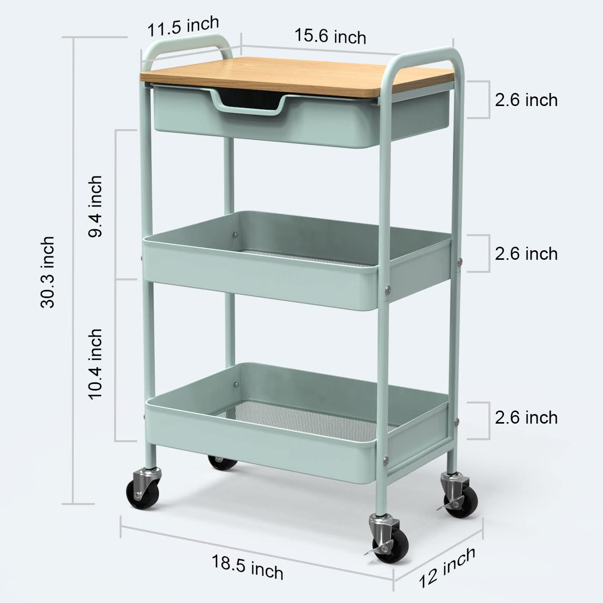 Aratan 3 Tier Rolling Cart, Utility Cart with Drawer and Table Top, Metal Rolling Kitchen Storage Organizer Cart with Handle and Locking Wheels for Bathroom Office Balcony Living Room