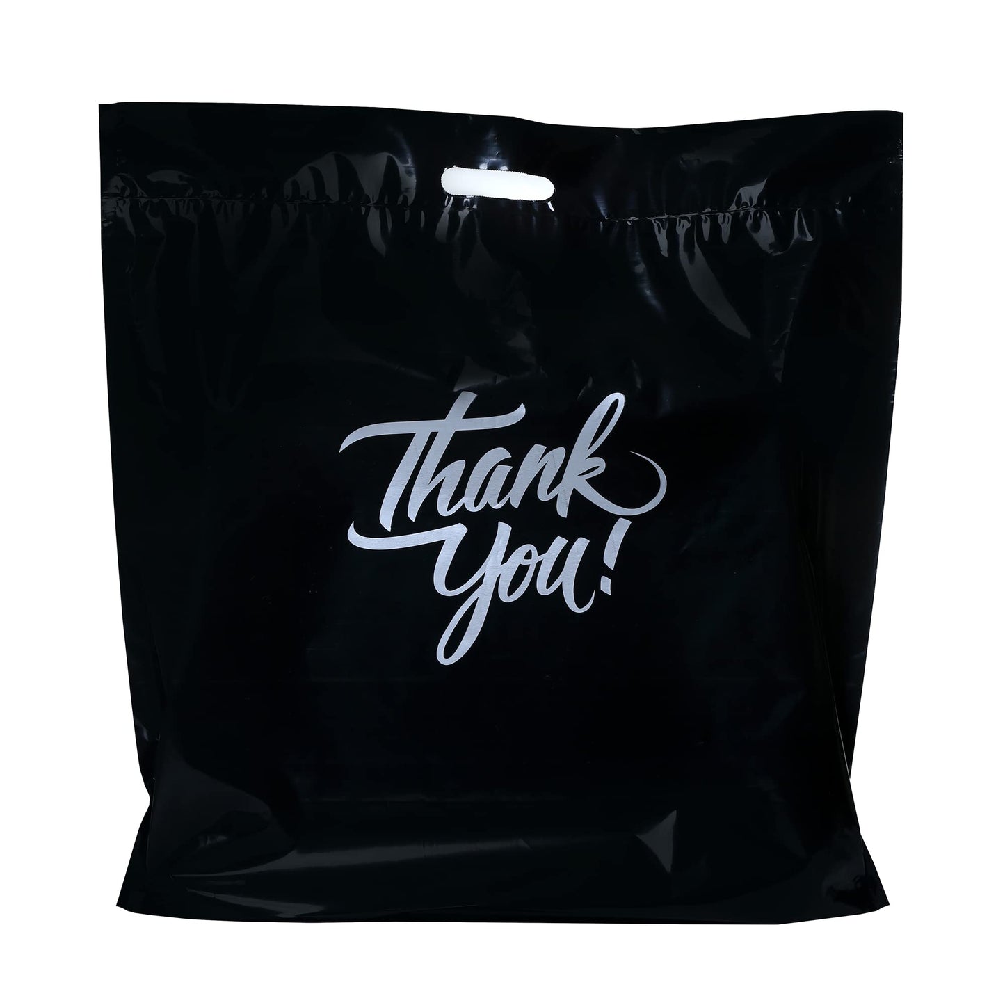 Infinite Pack Black 12"x15" (100pcs) Thank You plastic Merchandise Bags Die-Cut Handles, Perfect for Retail Shopping, Boutiques, Goodie bags, and Gift Packaging & Favors, 1.75 mil Reusable Plastic Bag