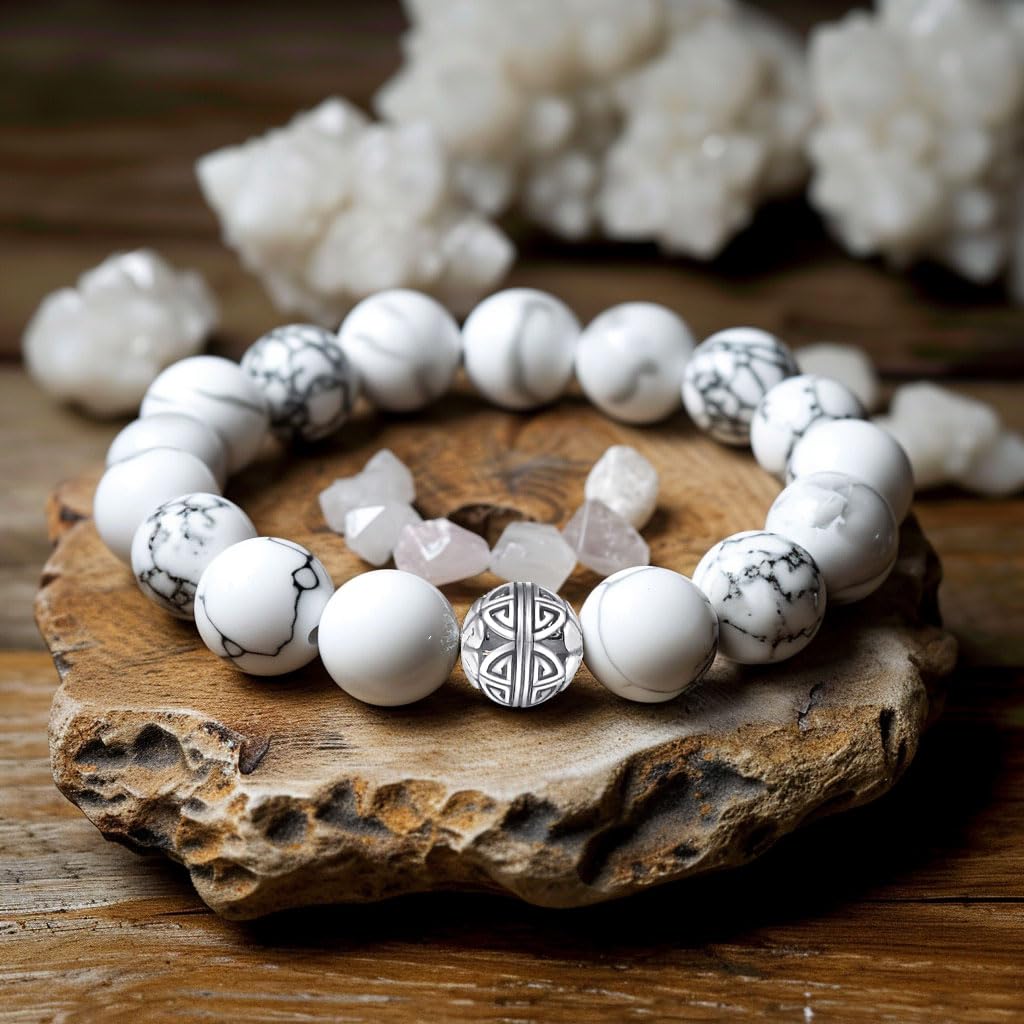 MetJakt Healing Crystals Beaded Bracelets for Womens Natural Gemstone 8mm Beads Stretch Bracelets with 925 Sterling Silver Double Happiness Pendant (Howlite)
