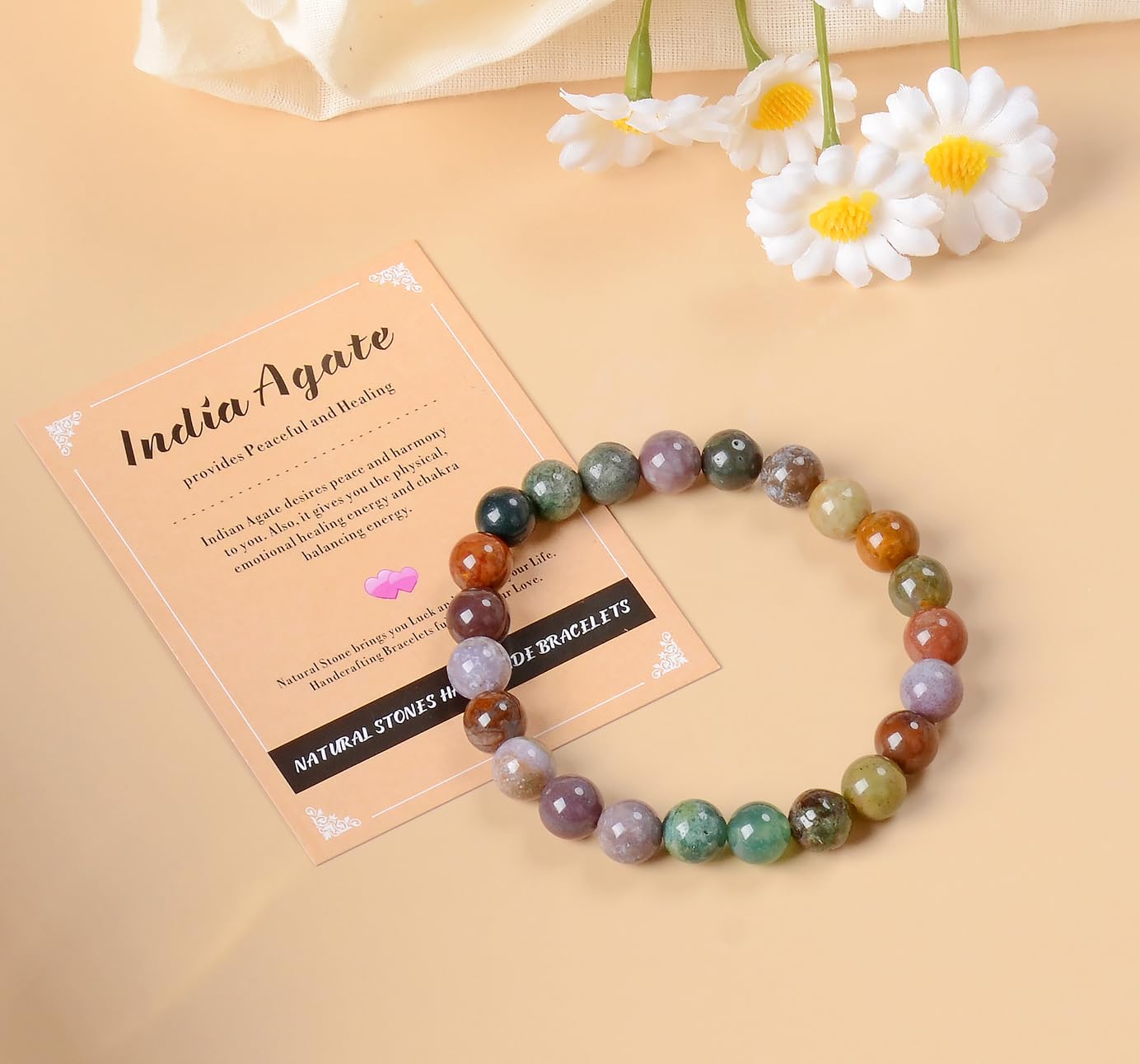 AD Beads Handmade Gemstone Stretch Elastic Bracelet Crystal Healing Reiki Nature's Beauty and Spiritual Essence Unisex (6mm, Indian Agate)