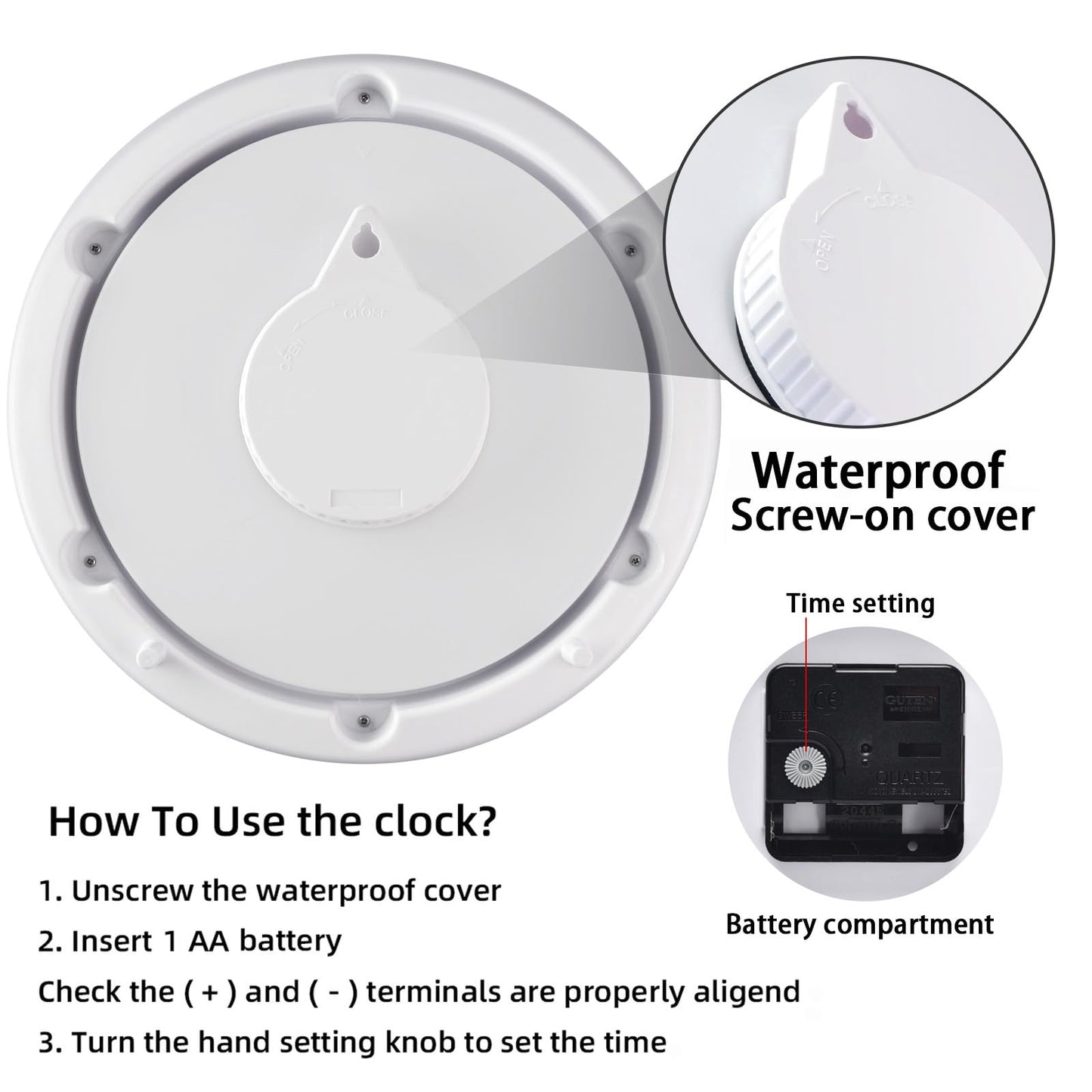 Caysie 10 Inch Sealed Indoor Outdoor Clock Waterproof, Silent Battery Operated Weatherproof Wall Clocks for Pool Patio Outside Home (White)