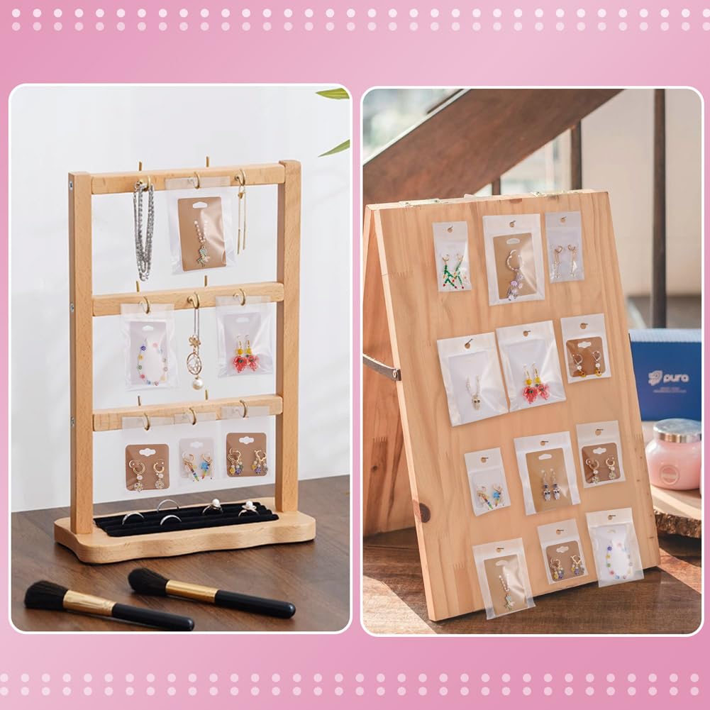 Handship 100Pcs Jewelry Display Cards with 100Pcs Clear Plastic Bags Square Paper Earring Necklace Card Holder Rectangle Keychain Display Cards for Selling Jewelry Packaging Supplies, BurlyWood
