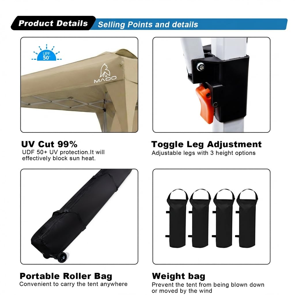 MAOO 10x10 Pop Up Canopy Tent with Sidewall, Easy Setup Instant Outdoor Canopy, 210D Silver Coated Waterproof UPF 50+ Sun Shade Shelter, Heavy Duty Steel Frame, Roller Bag, Khaki