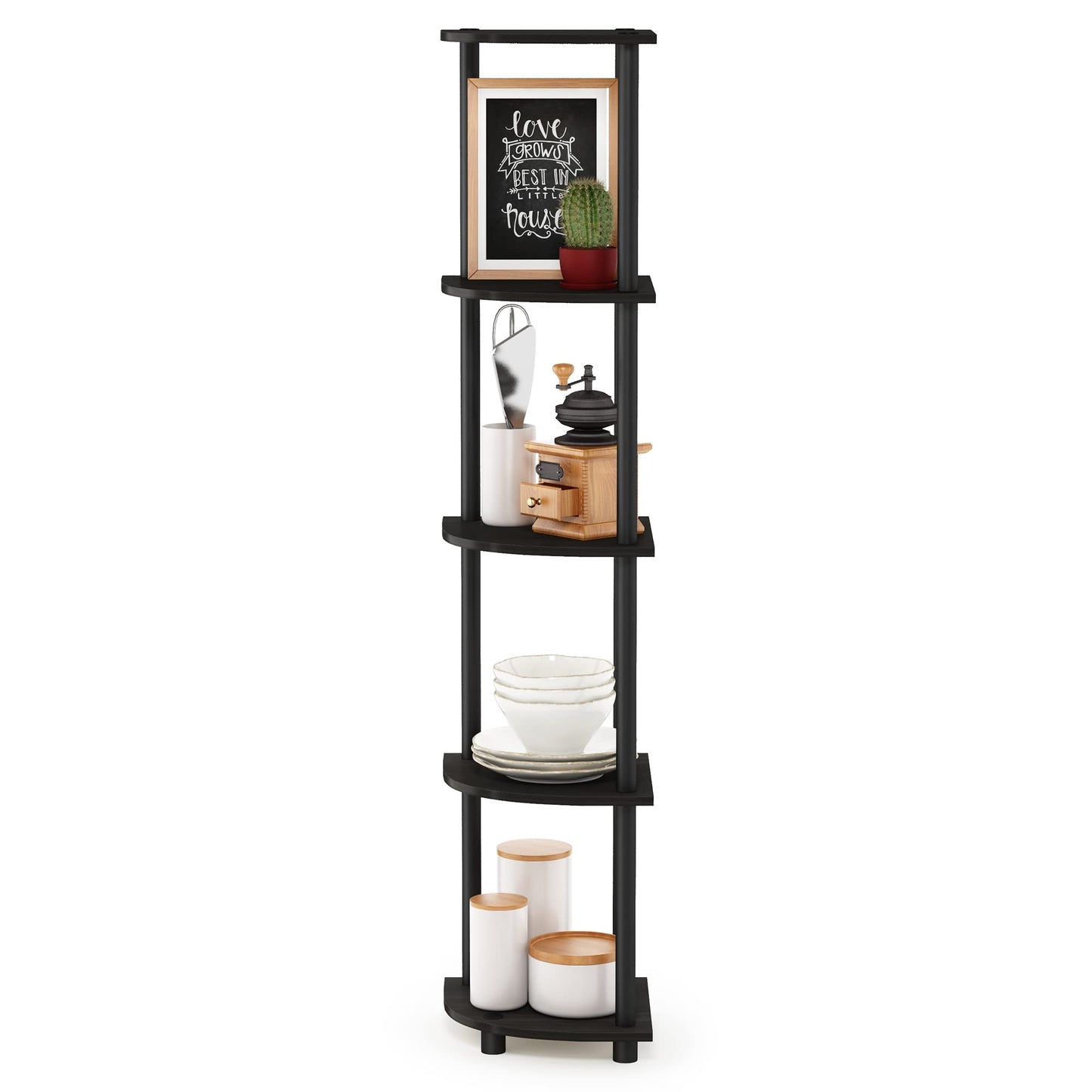 Furinno TURN-N-TUBE Corner Shelf, 5-Tier Corner Bookshelf, Open Storage Shelves, for Organization and Storage, Living Room, Home Office, Garage, Bedroom, Espresso