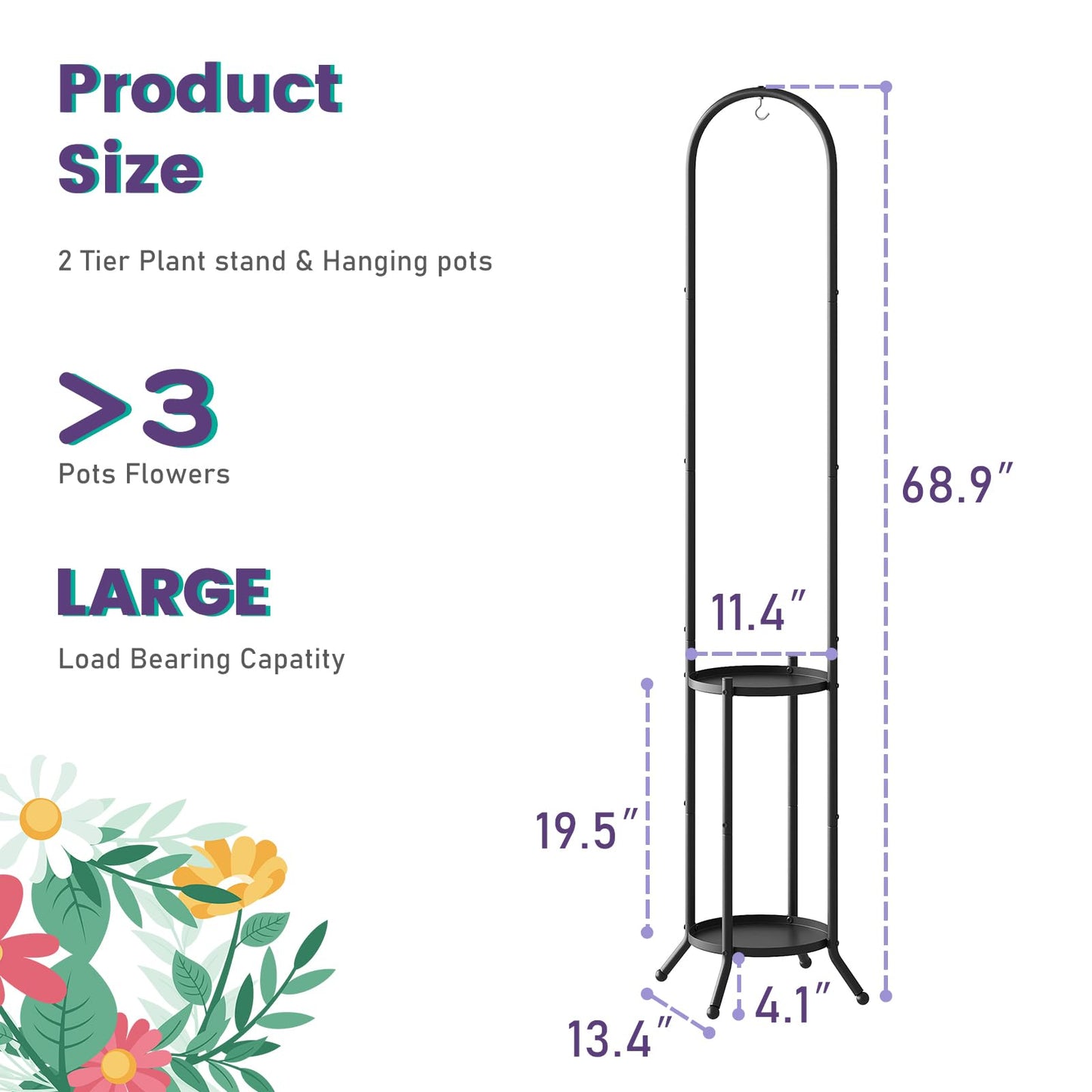 Wieghda Metal Plant Stand 2-Tier with Hanging Hook for Indoor Outdoor Plants,Sturdy Steel Plant Shelf Display Rack(Black)