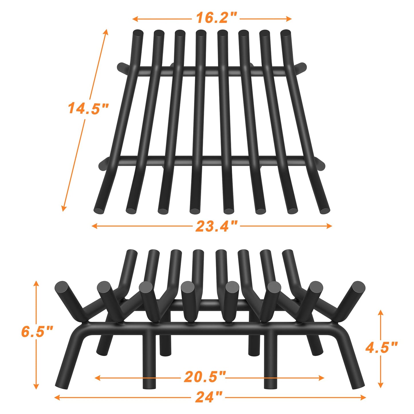 Jusgym Fireplace Grate 24 Inch with 8 Support Legs, Round Solid Steel Heavy Duty Fireplace Log Holder with Fire Tongs & Poker, Fireplace Log Grate for Indoor Fireplace and Outdoor In-ground Firepit