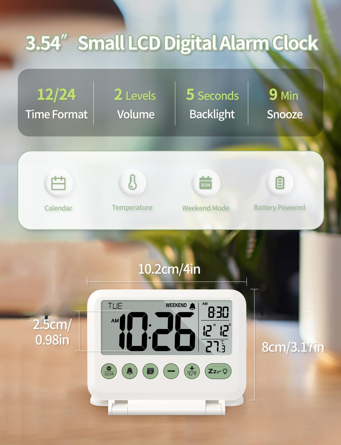 MeesMeek Digital Travel Alarm Clock - 3.54 inch LCD Display, 9-Minute Snooze, 2 Volume Levels, Backlight, Battery Included (White)