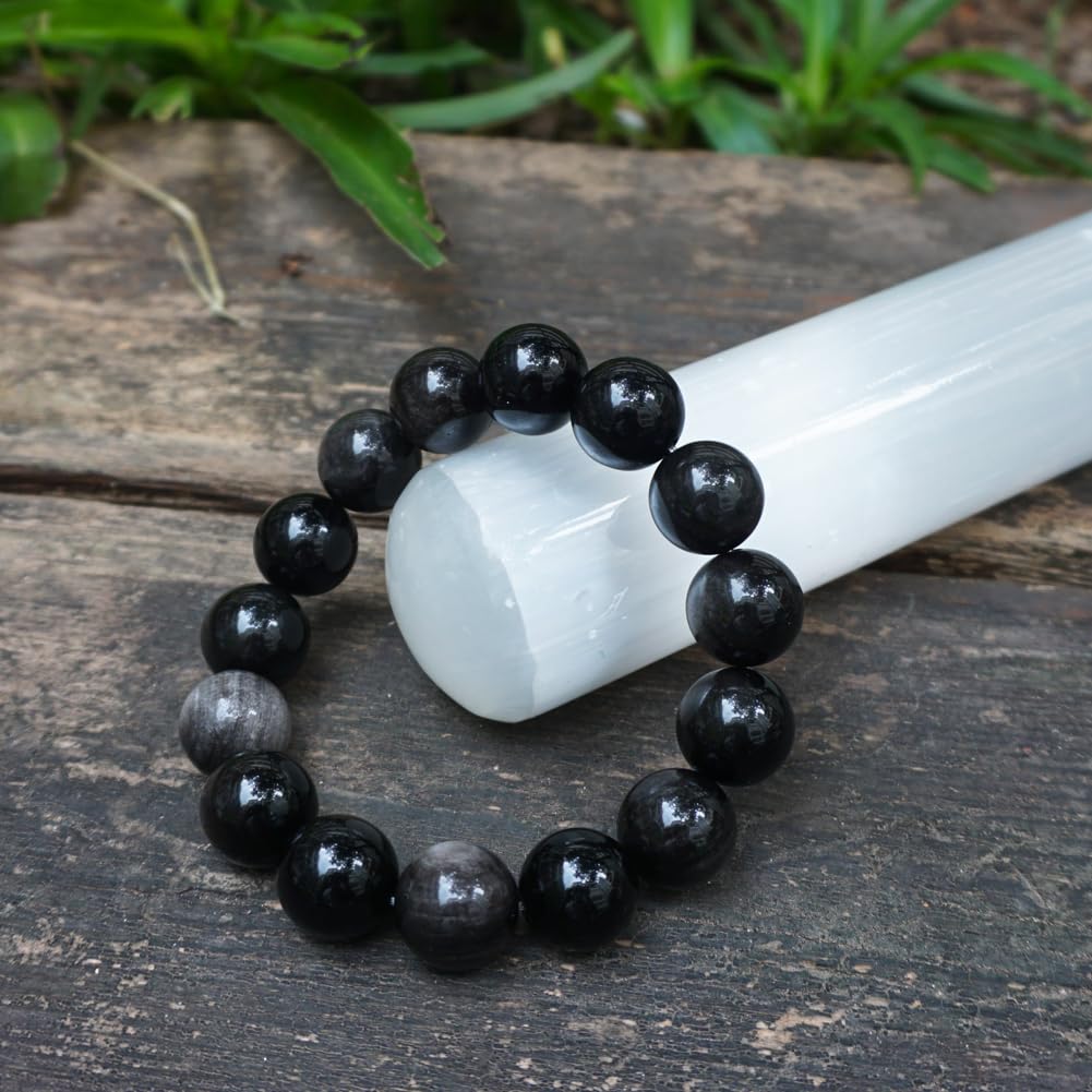 TaHLga 12mm Silver Obsidian Crystal Bracelet for Men Women | Natural Root & Third Eye Chakra Stone | Protection & Intuition | Fits for Large Wrist 8-8.5" | Come with Box & Pouch