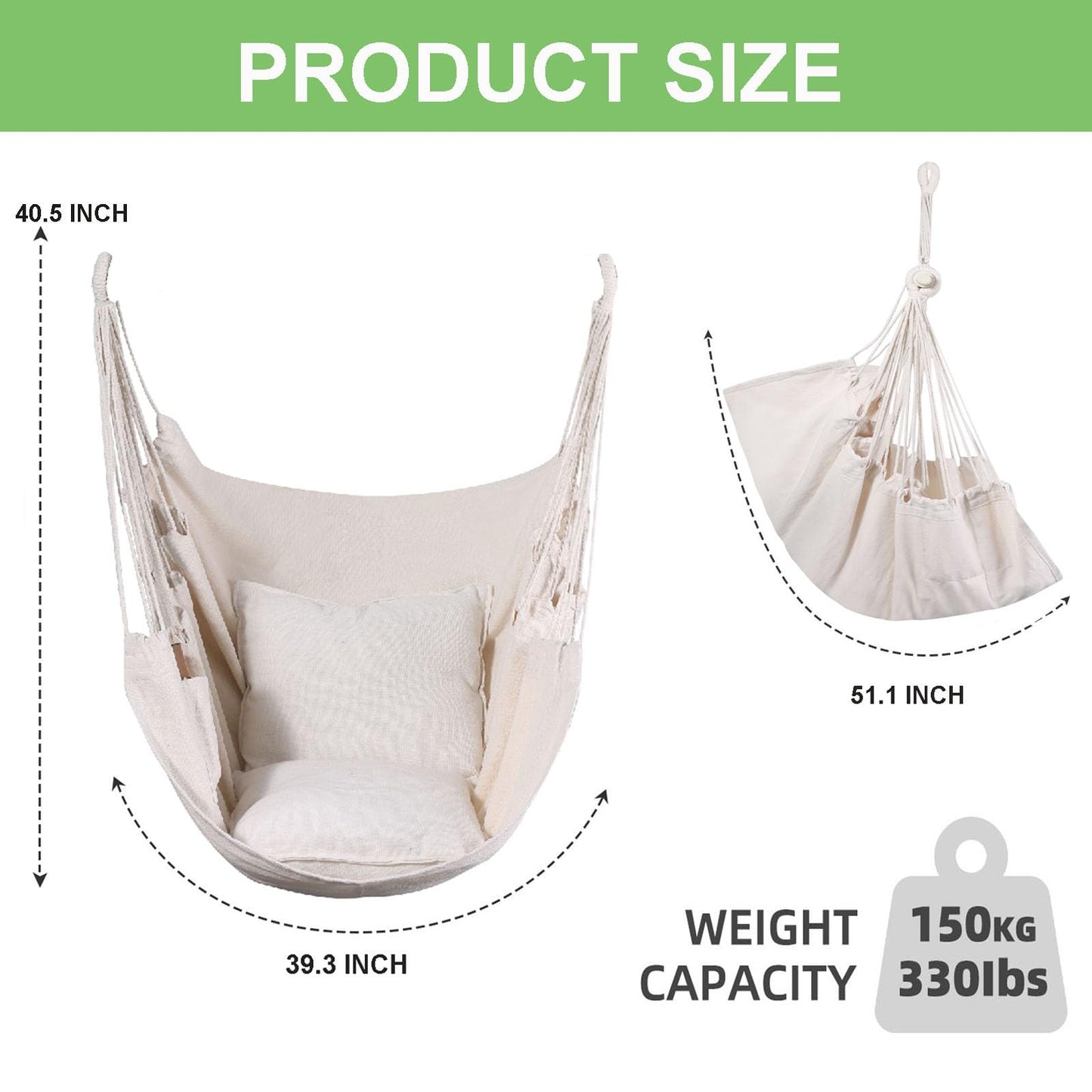 Goutime Hammock Chair, Boho Hanging Rope Ceiling Swing, Macrame Hanging Swinging Chair for Indoor,Outdoor,Bedroom,Outside,Garden,Balcony,Yard,Deck,Max 330 Lbs,Beige