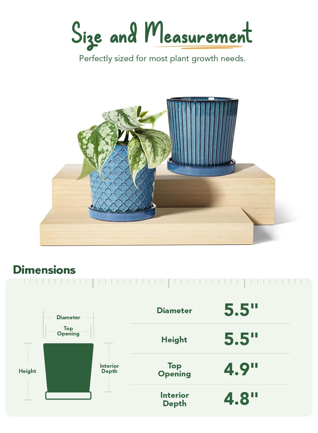 LE TAUCI Ceramic Pots for Plants, 5.5 Inch Plant Pots with Drainage Hole and Saucer, Indoor Plant Pots for Succulent, Snake Plants and Cactus, Flower Pots, Set of 2, Reactive Glaze Blue