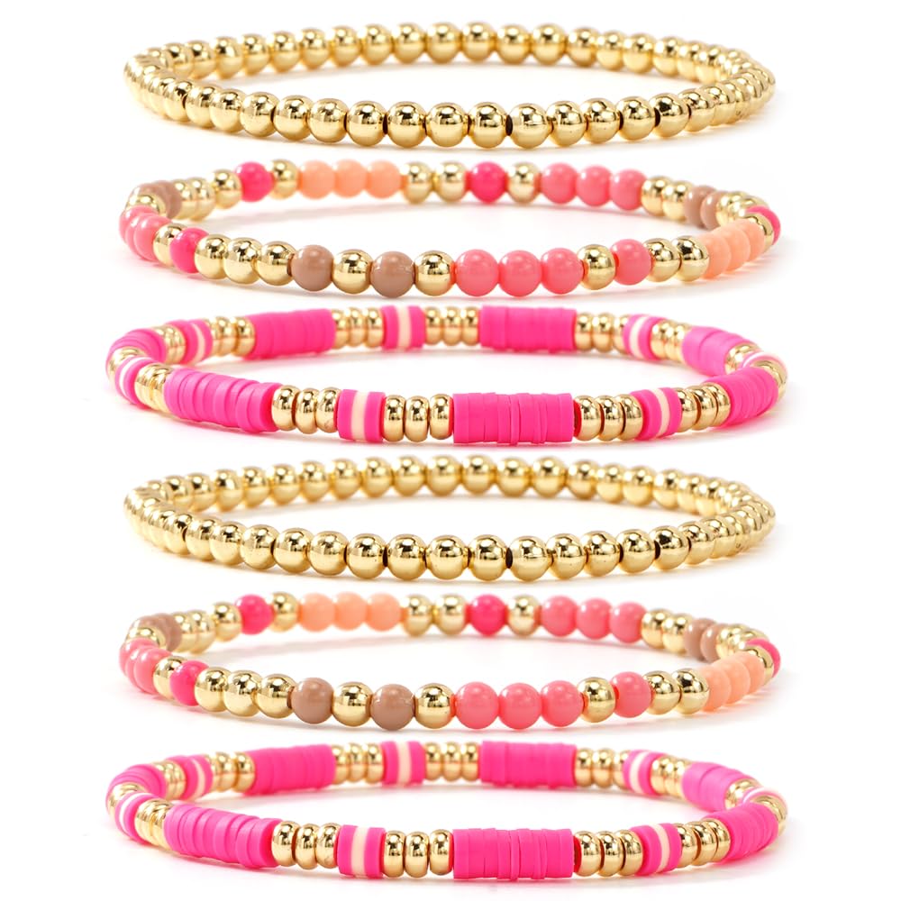 Bohxantium Gold Beaded Friendship Bracelets Stack for Women Boho Pink Heishi Clay 14K Gold Plated Beads Ball Stackable Stretch Surfer Colorful Preppy Bracelet Trendy Jewelry Daily Wear Birthday Gift