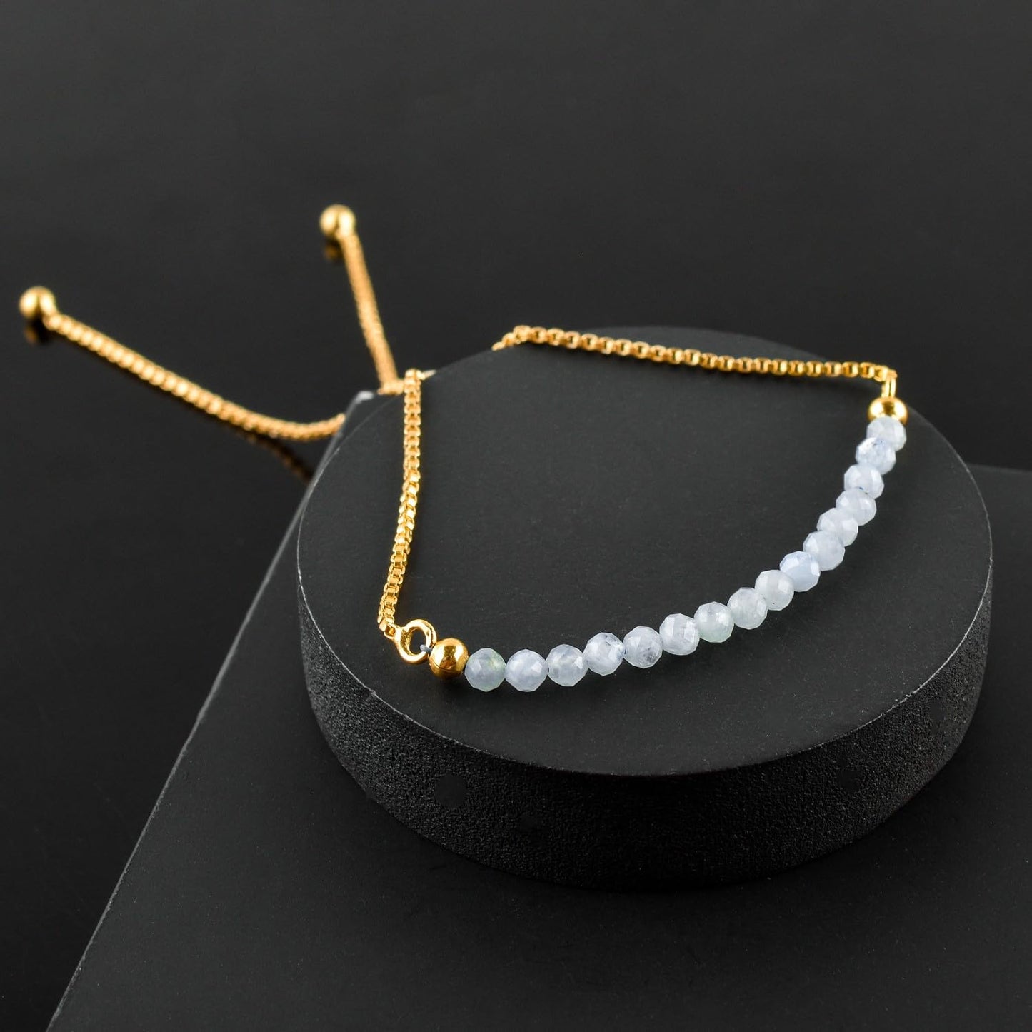 QNAVIC Natural Blue Aquamarine Gemstone Micro Beaded Dainty Slider Bolo Bracelet, Handmade Jewelry for women, Healing Chakra Crystals Birthstone Gift for Her, 14K Gold Plated Chain 6-9 inch