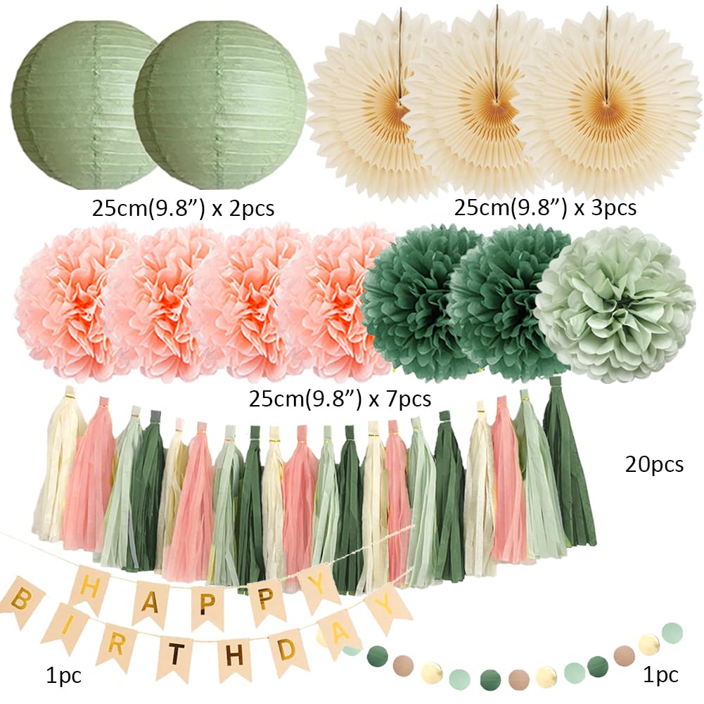 Sage Green and Peach Birthday Decorations Boho Beige Peach and Olive Green Birthday Decorations for Women Girls Cream Fans Pom Poms Sage Olive Pink Cream Tassel Garland Party with Banner Beige Gold