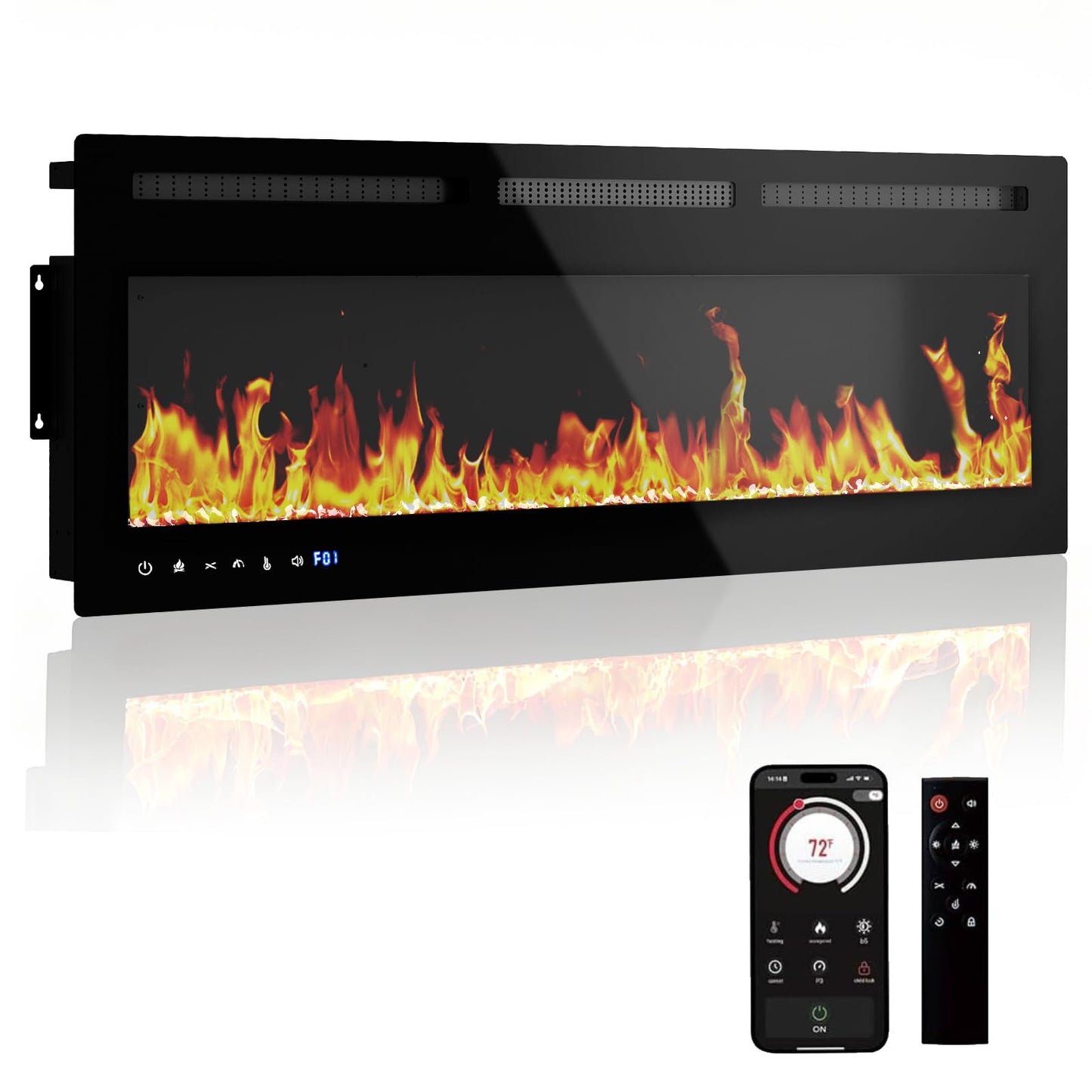 50" Smart Electric Fireplace Wall Mount, 1500w Heater with Remote Control & Timer, 12 Color LED Flame Effect, Touch Screen, for Living Room Bedroom Indoor Use