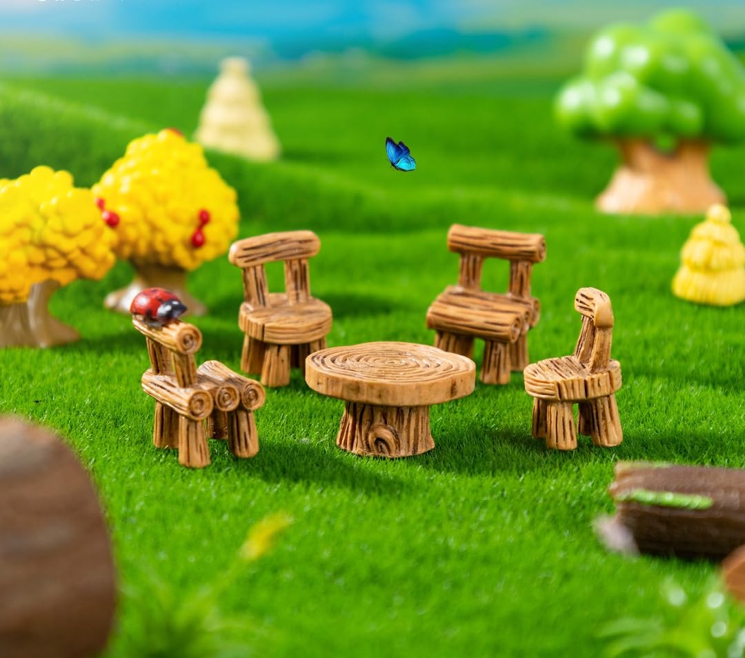 7 Pcs Miniature Fox Figurines with Realistic Tree Round Table and Chairs - Forest Theme Resin Fairy Garden Furniture Set for Dollhouse Accessories, Micro Landscapes, DIY Crafts & Home Decorations