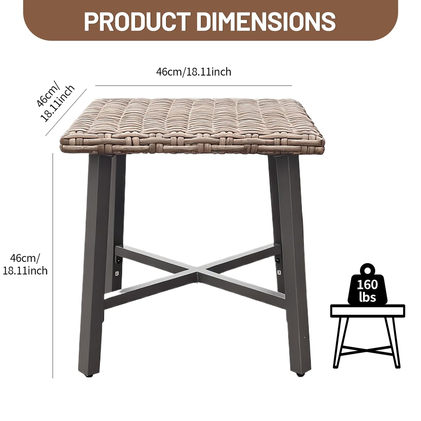 MOLIBYME Outdoor Wicker Side Table,Small Square End Table, Patio PE Rattan Side Table Adopt Sturdy Galvanized Steel Frame for Balcony Porch Deck (Brown)