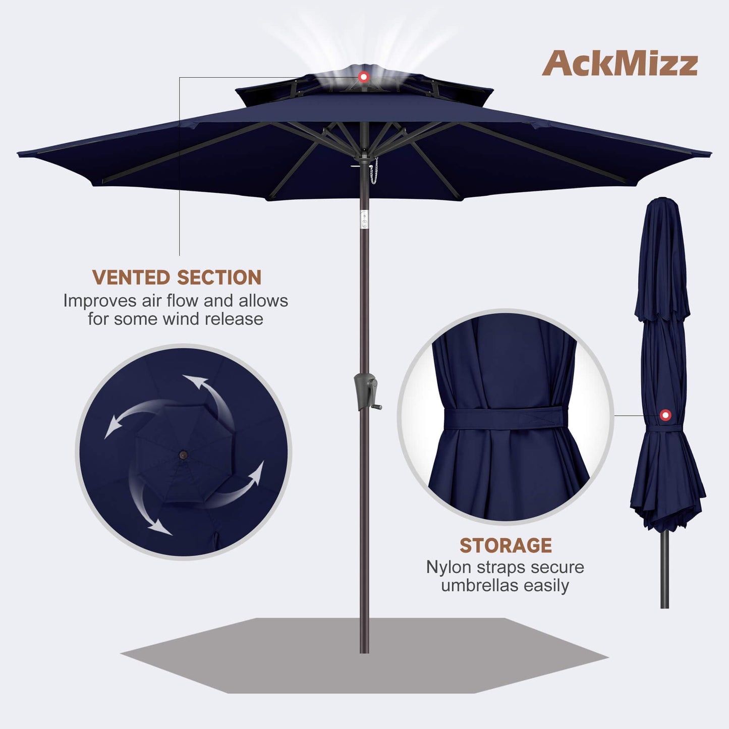 AckMizz 9FT Outdoor Patio Umbrella - 2 Tiers Table Umbrella Waterprool UV Protection, Sombrillas de Patio with Push Button Tilt, Sun Umbrella for Pool, Porch, Garden, Backyard (Navy Blue)