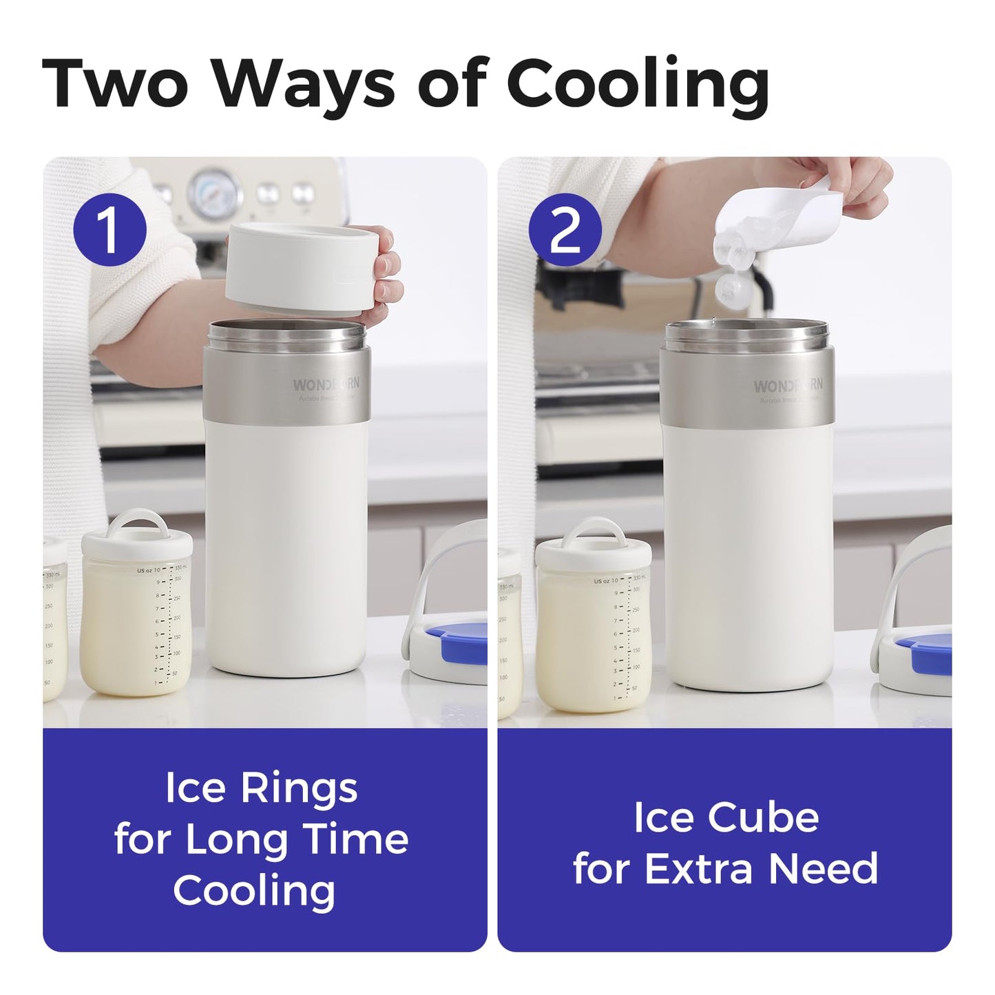 WONDBORN Portable Breast Milk Cooler, 4 Ice Rings, 360°Cooling with Vacuum Lid, Safe Chill for 30H+, 22oz Large Capacity with 2 Bottles, Rapid Chill to 40℉, Extra Wide Opening, Ideal for Work & Travel