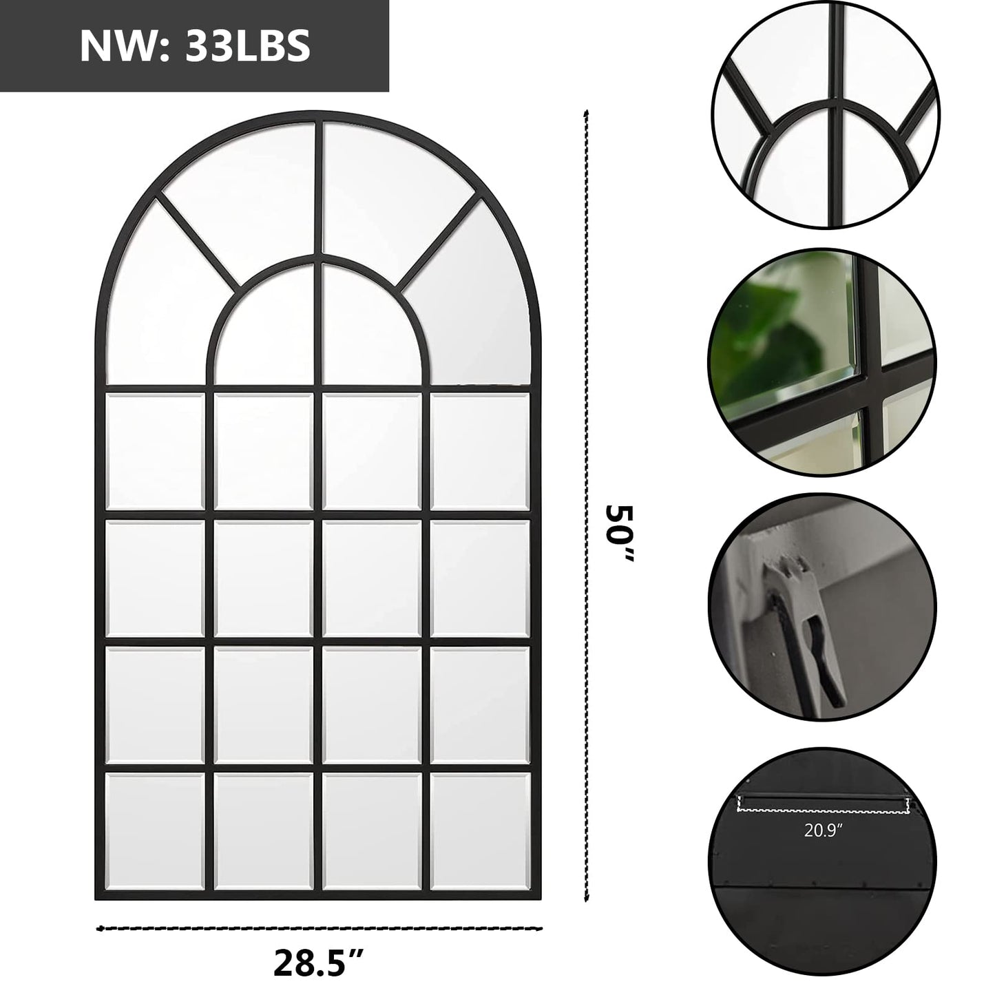GIFTTROVE Black Arched Window Mirror, Large Window Pane Mirror with Beveled, Metal Framed Windowpane Mirrors, 28.5" X 50" Arched Wall Mirrors for Wall Decor, Entryway, Living Room