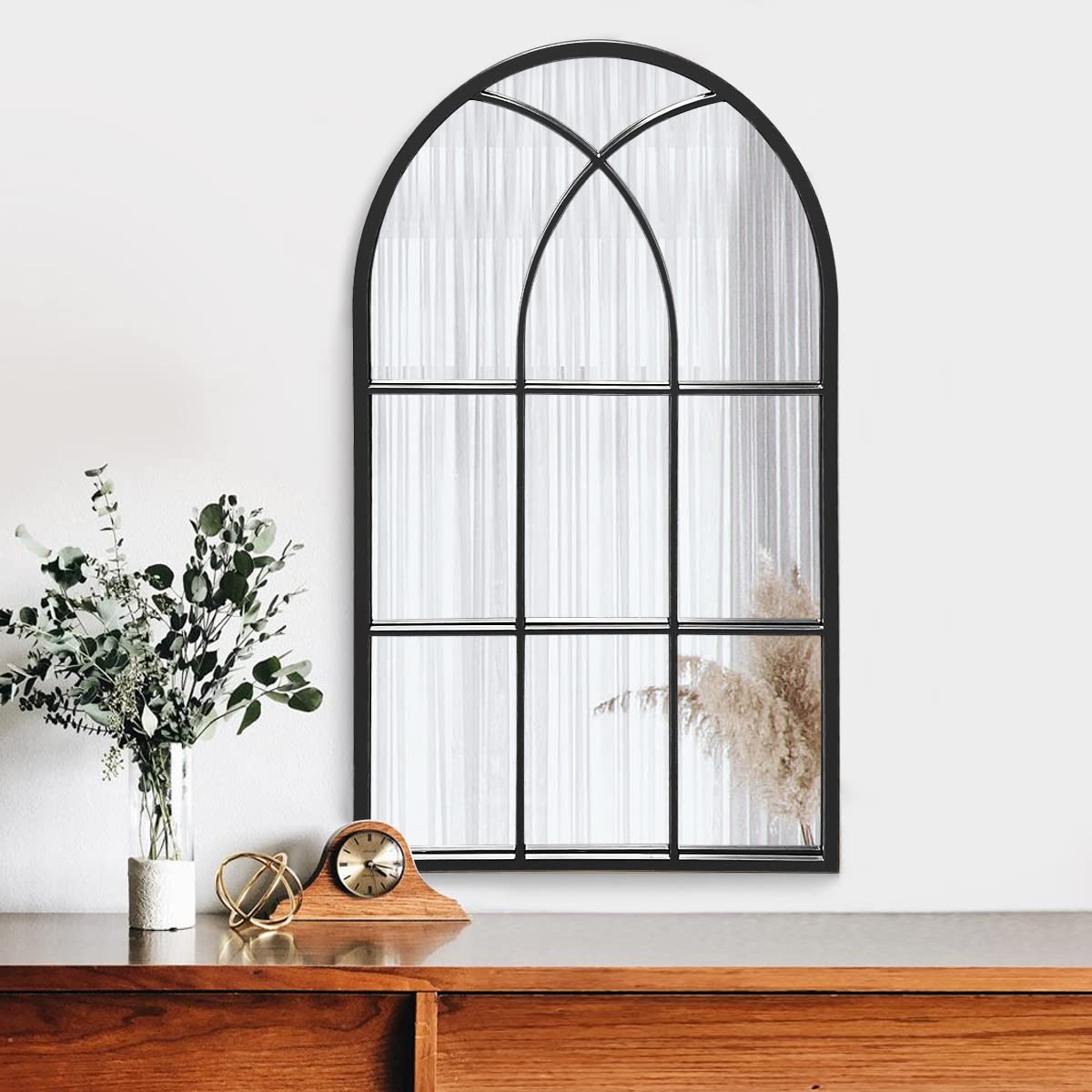 OGCAU Wall Mounted Mirror, 24"x42" Arched Wall Mirror, Arched Window Shaped Farmhouse Style with Iron Frame, Paneled Wall Decor for Bedroom, Entryway, Living Room (Black)