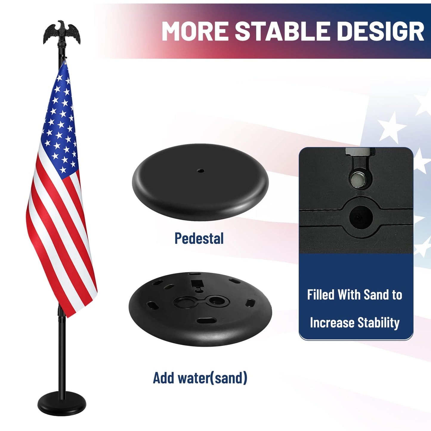 IN WHICH BAY Indoor Flag Pole Kit - Telescoping 6FT-8FT Flag Pole with Base, 3x5 FT Embroidered Stars American Flag,Black Eagle Topper, Black Flagpole and Stand, for Office School City Hall(1Pack)