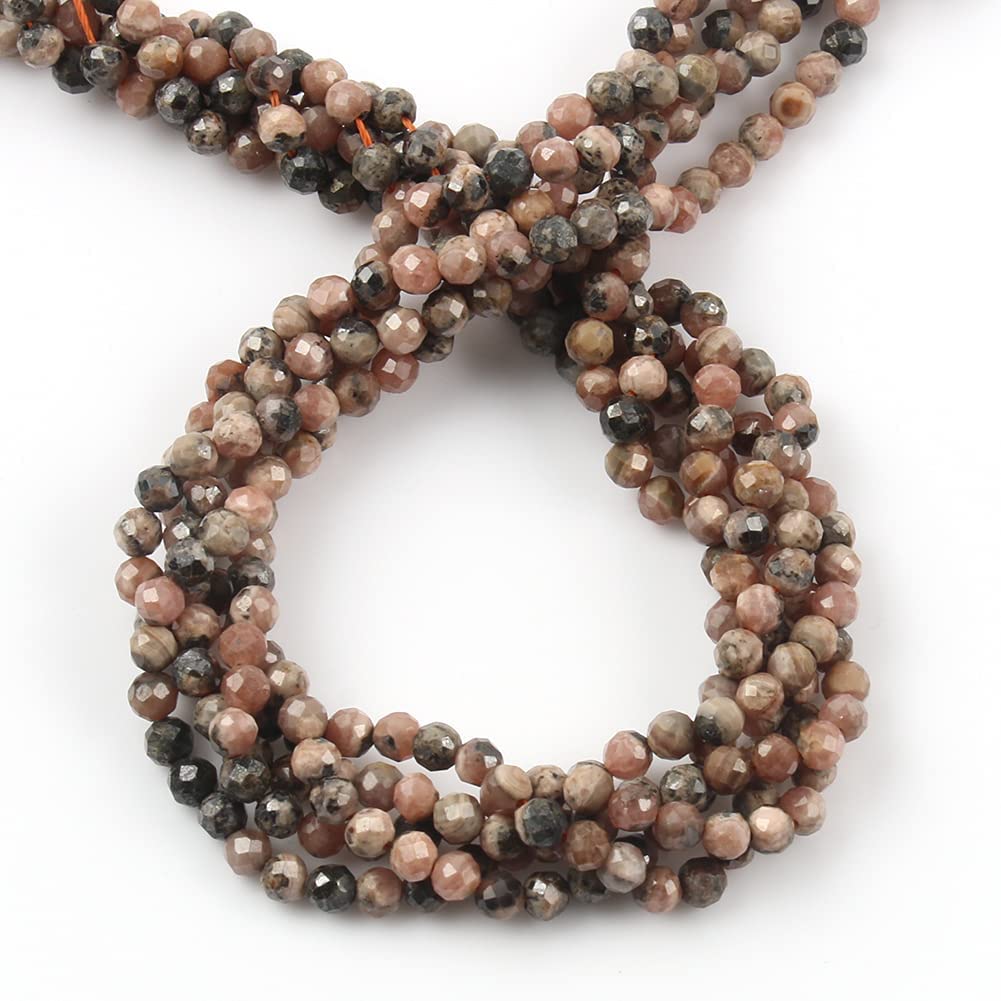 Song Xi 120pcs 3mm Natural Black Stripe Rhodochrosite Gemstone Beads Faceted Round Loose Stone Beads for Jewelry Making (1 Strand)