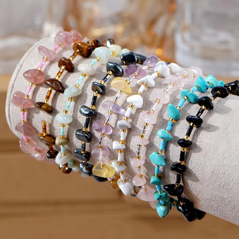 SHINUS BOHO Healing Natural Crystal Beaded Stretch Bracelet for Women,Handmade Boho Irregular Obsidian Energy Stones Protection Insightful Bracelet Summer Beach Fashion Jewelry Gift Friendship