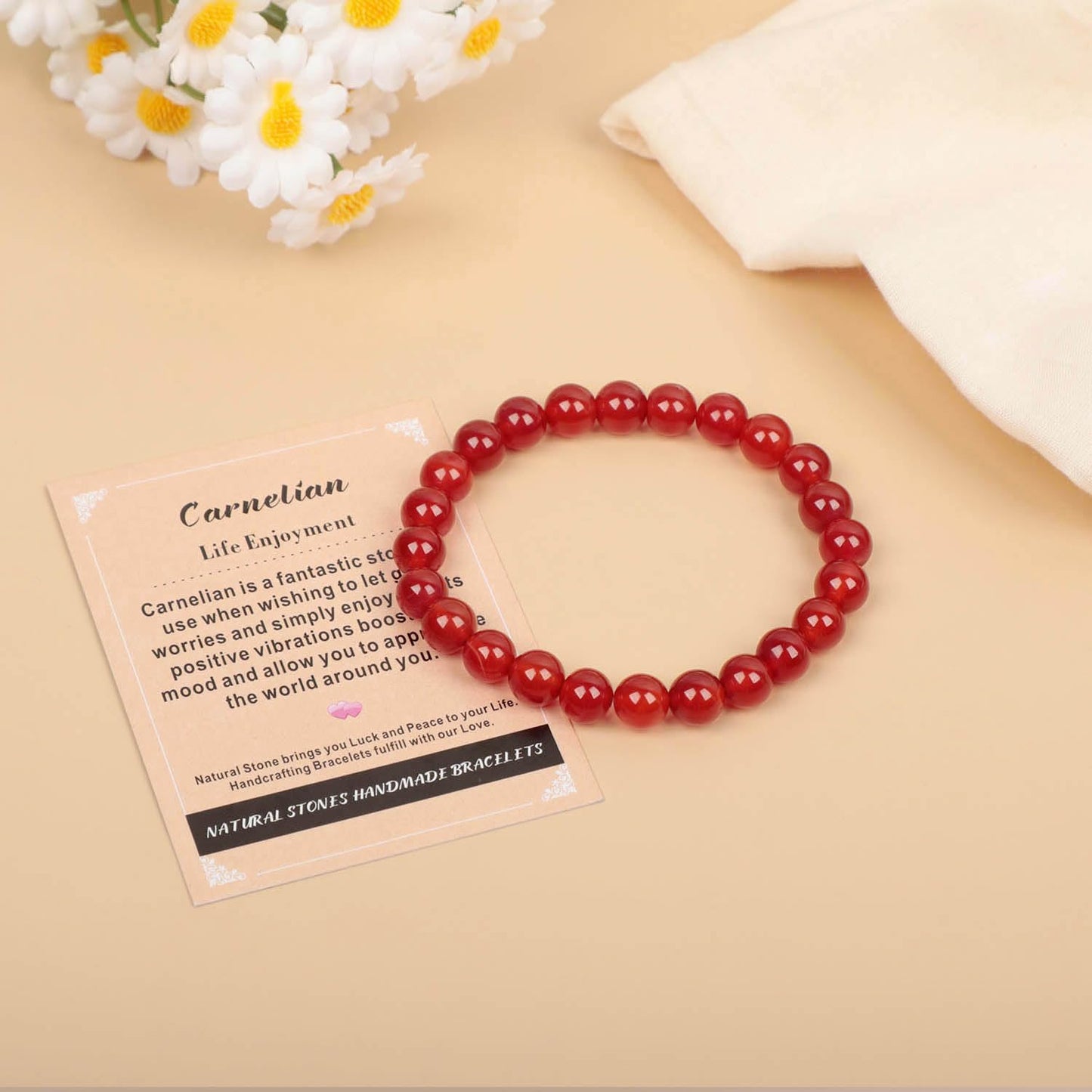 AD Beads Handmade Gemstone Stretch Elastic Bracelet Crystal Healing Reiki Nature's Beauty and Spiritual Essence Unisex (6mm, Carnelian (Life Enjoyment))