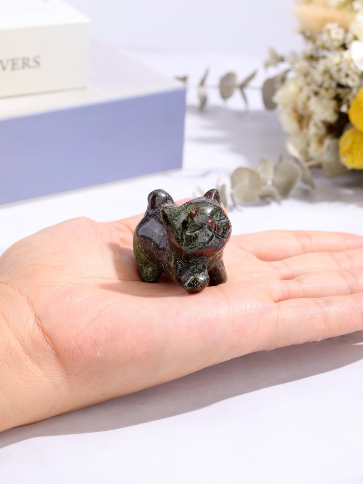 Top Plaza 1 PC Dragon Bloodstone Crystal Cute Cat Figurine Gifts Carved Healing Lucky Home Decor Natural Gemstone Cats Collectibles Pocket Sculpture for Cat Lovers