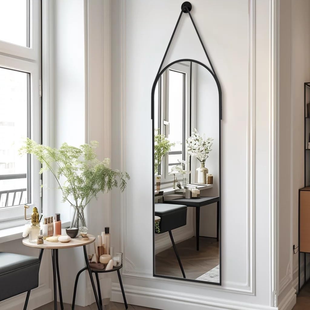Dewfig 16"x48" Hanging Mirror with Leather Strap,Arched Full Length Mirror with Aluminum Frame Wall-Mounted Hanging Mirrors for Bathroom Vanity Living Room Bedroom Entryway Décor, Black