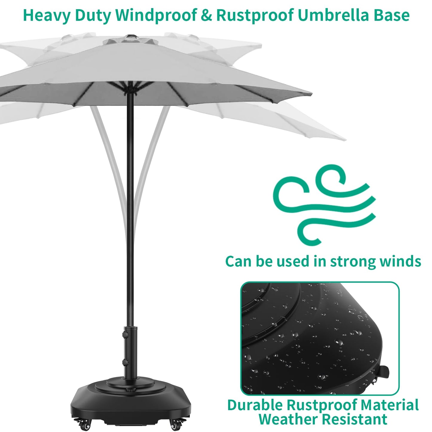Umbrella Base with Wheels, Umbrella Stand Base Heavy Duty 100lb Windproof, Fillable Umbrella Base Mobile Square Umbrella Stand Outdoor Base for Patio, Deck, Poolside, Lawn, Fits Most Sized Umbrellas