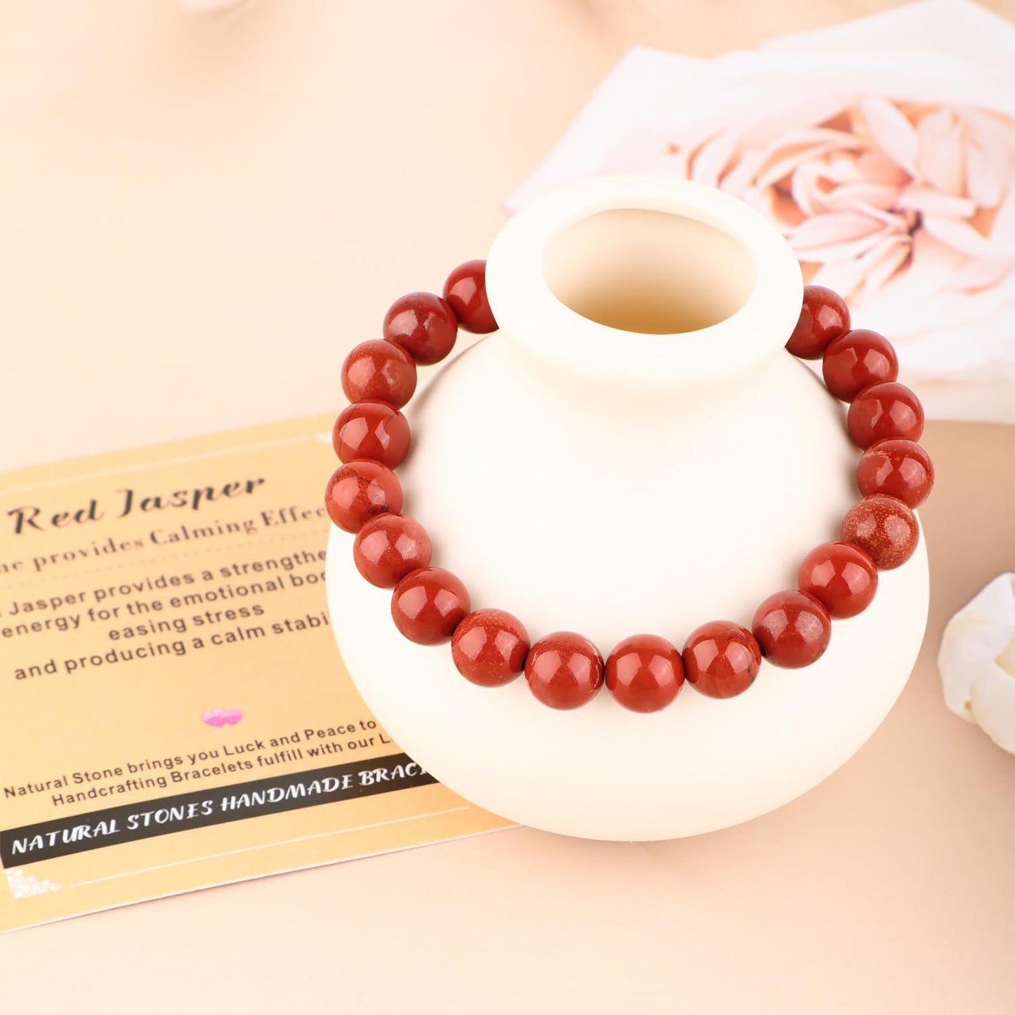 AD Beads 4mm Handmade Red Jasper Elastic Bracelet – Natural Gemstone for Stone provides Calming Effects – Meditation, Yoga, Healing and Energy Gift for Men Women